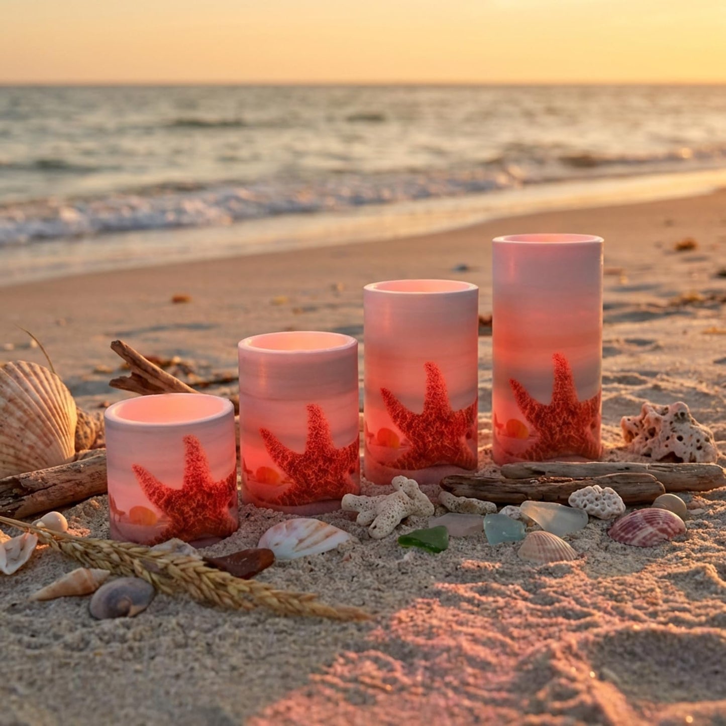 Aulaygo 4PCS Summer Starfish Flameless Candles with Timer Remote Control,LED Pillar Candles Set Battery Operated for Wedding Beach Party Holiday Home Decor