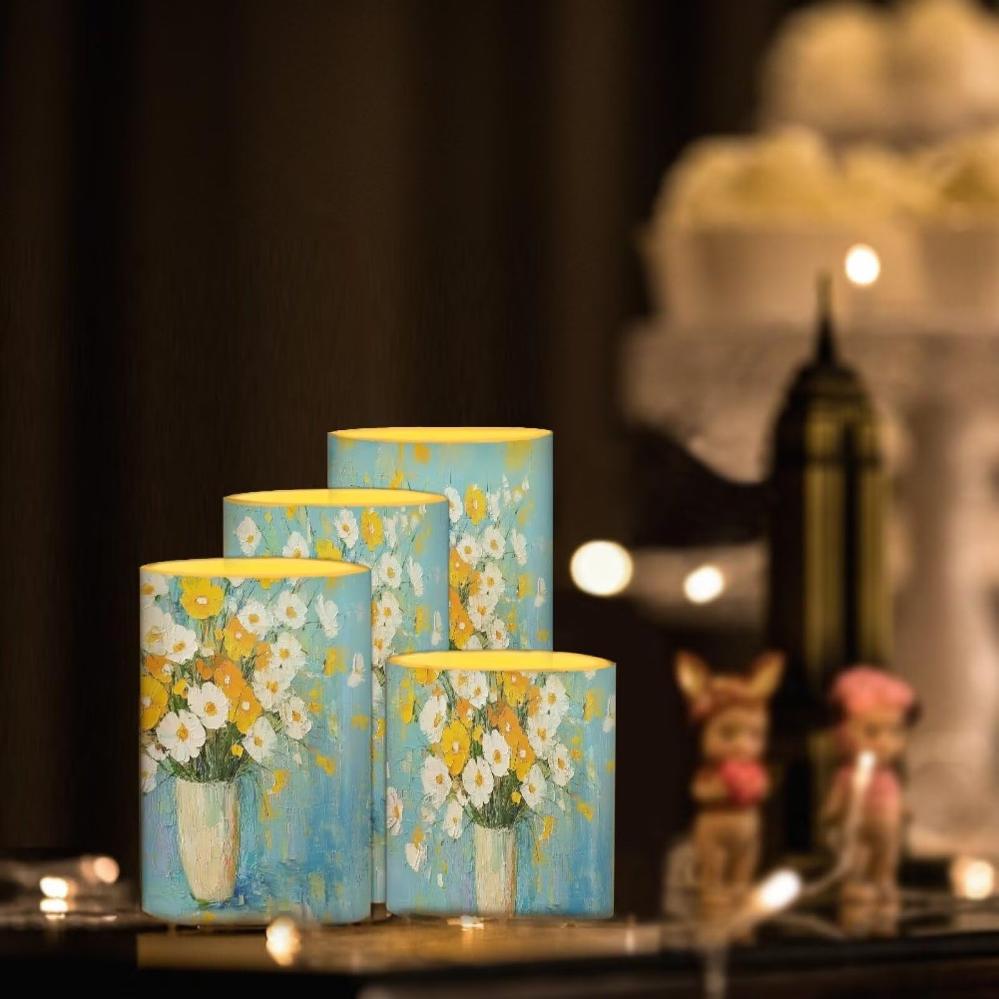 Cozeyat Oil Painting Flower Flameless Candles 4 Pack Battery Operated LED Pillar Candles with Remote Control Timer Color Changing for Indoor Outdoor Home Wedding