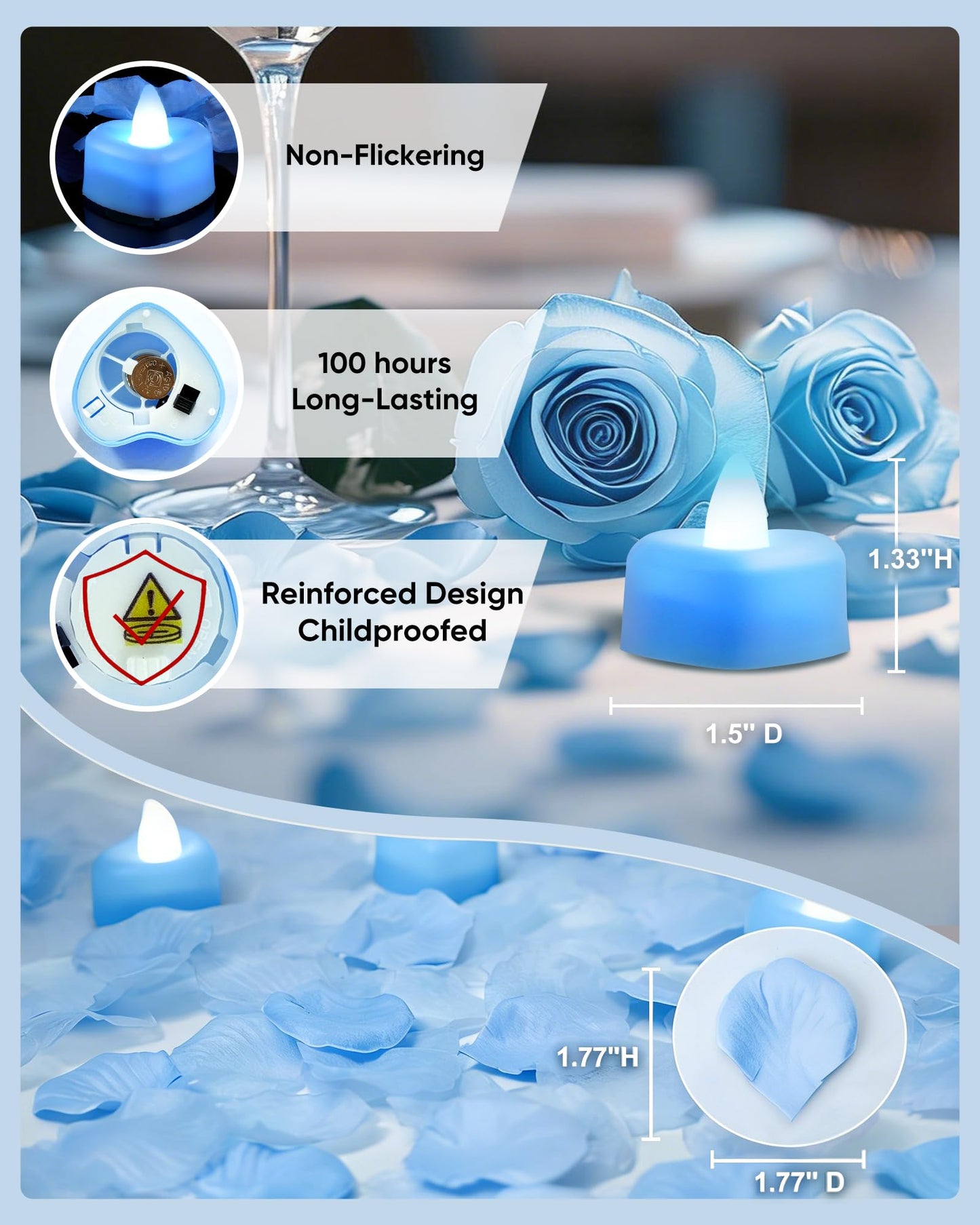 Amagic 1000 Pieces Light Blue Artificial Rose Petals with 12 Light Blue LED Tea Lights, Rose Petals and Candles Set for Proposal, Anniversary, Romantic Night, Wedding Decor
