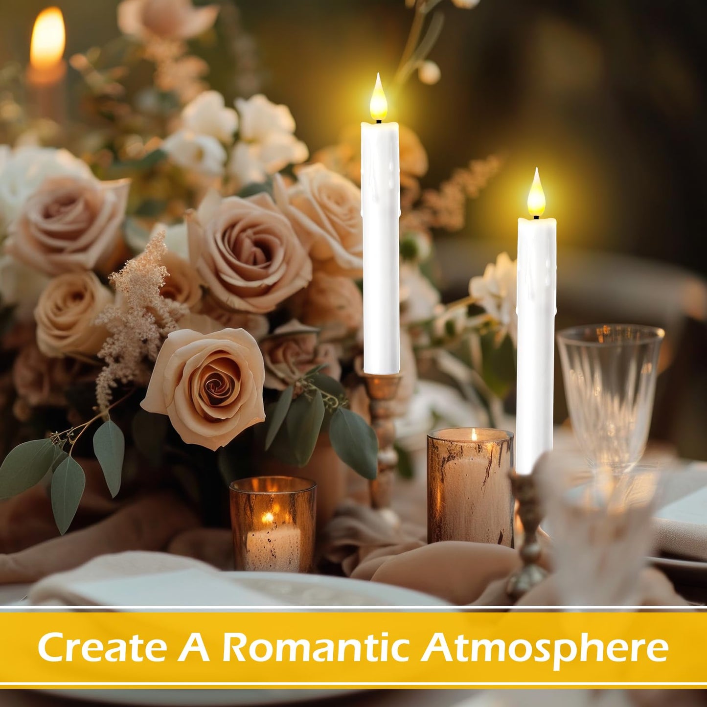 Baquler 50 Pcs 7.7 Inch White Flameless Taper Candles Dripless Battery Operated LED Flickering Candlesticks Window Candle with 3D Flickering Flame for Easter Home Wedding Church Decor