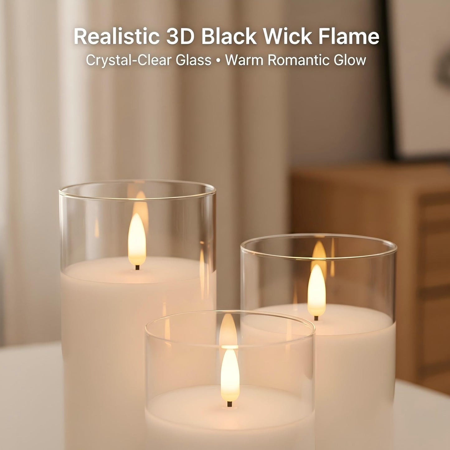 ANGELLOONG Glass Flameless Candles with Remote, White Battery Operated Candles with Timer, Electric Fake LED Candles for Bedroom Farmhouse Bathroom Coffee Table Decor, Clear