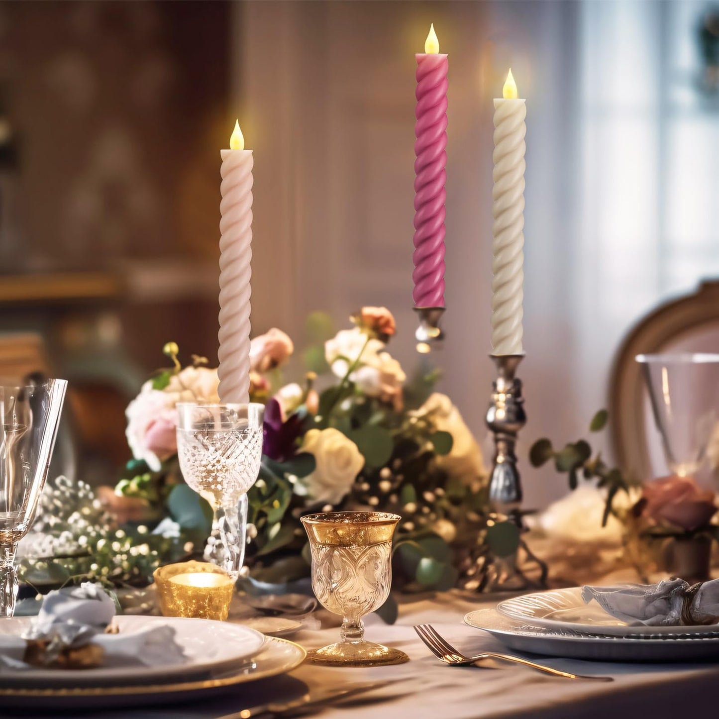 Baquler 6 Pcs Pastel Pink Flameless Taper Candle Twisted LED 9.65 Inch Taper Candles Battery Operated Spiral Candlesticks for Valentine Wedding Birthday Home Party Holiday Dinner Fireplace