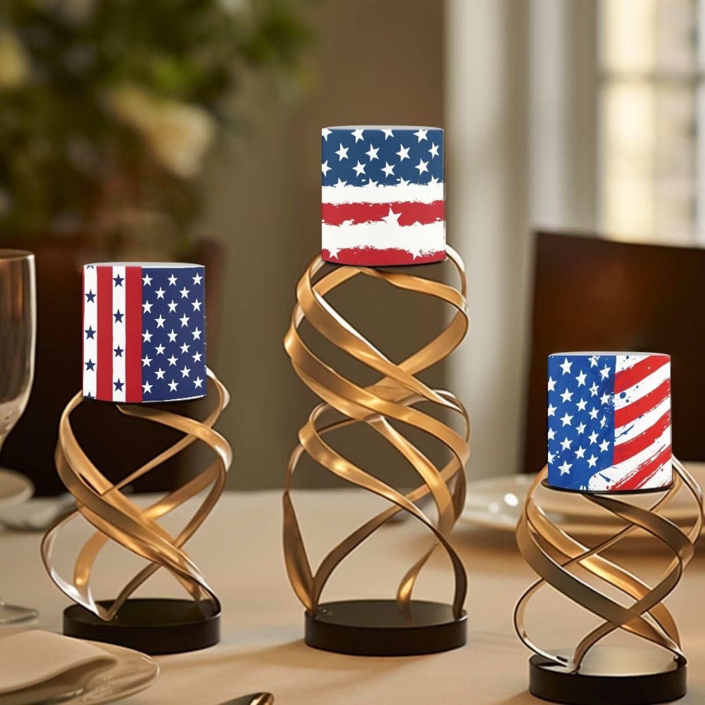 NETILGEN Novelty American Flag Theme 4 Pieces Flameless Candles with Remote Timer Battery Operated LED Flickering Candles for July 4th Patrotic Independence Day Decor