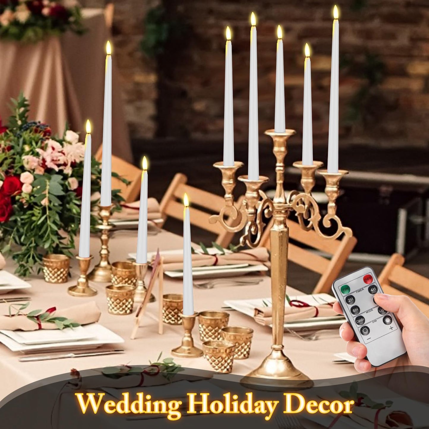 Rossesay 16 Pcs White Flameless Taper Candles Battery Operated Candles with Remote Timer 8.5" 9.6" 10.8" 12.8" Multiple Sizes White LED Flickering Candlestick for Wedding Party Centerpieces Decor