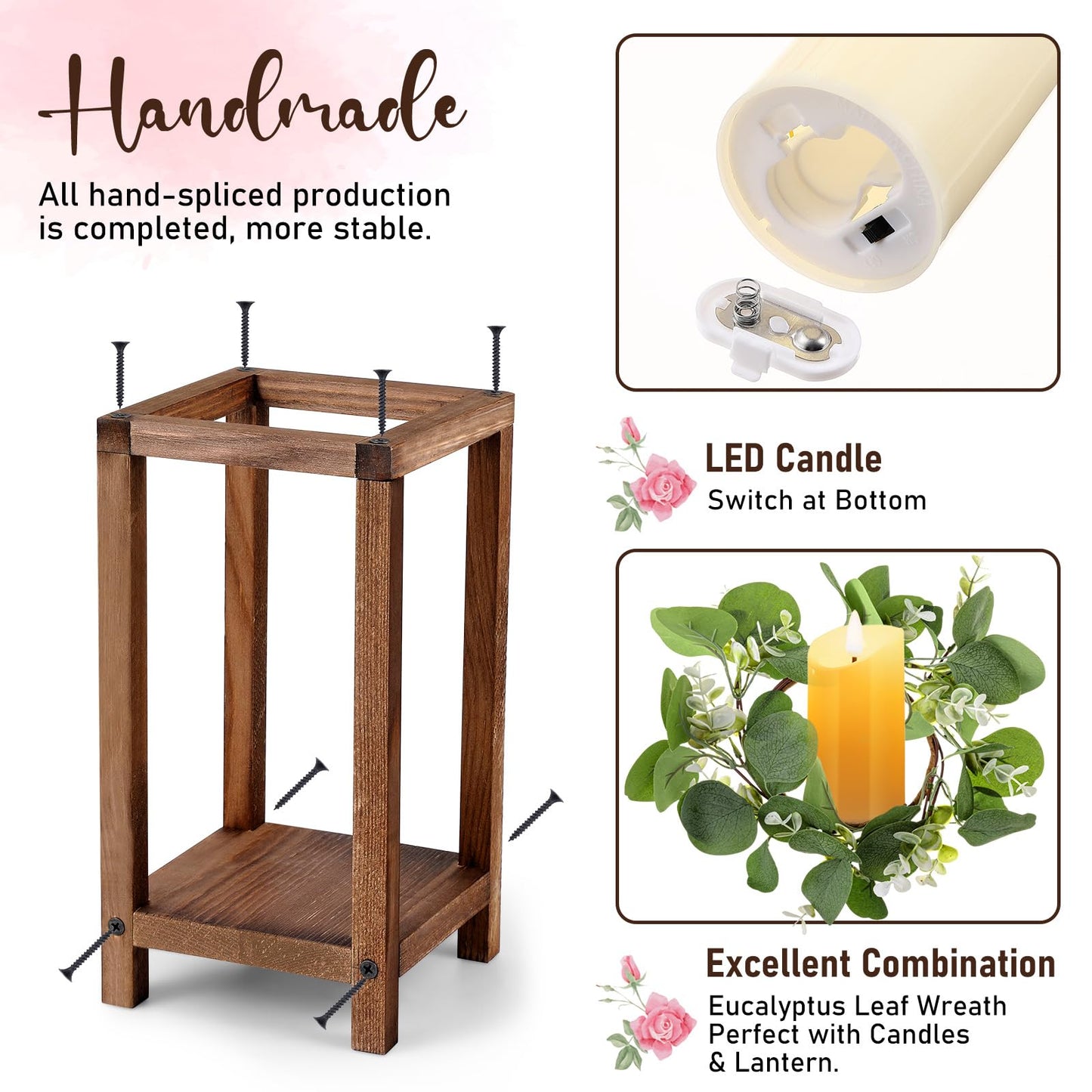 Geelin 12 Set 10.59'', 13'' Brown Wooden Lanterns for Wedding Centerpieces Include 12 Wooden Lantern 12 LED Candle 12 Eucalyptus Leaves Wreath for Wedding Baby Shower Farmhouse Table Decor