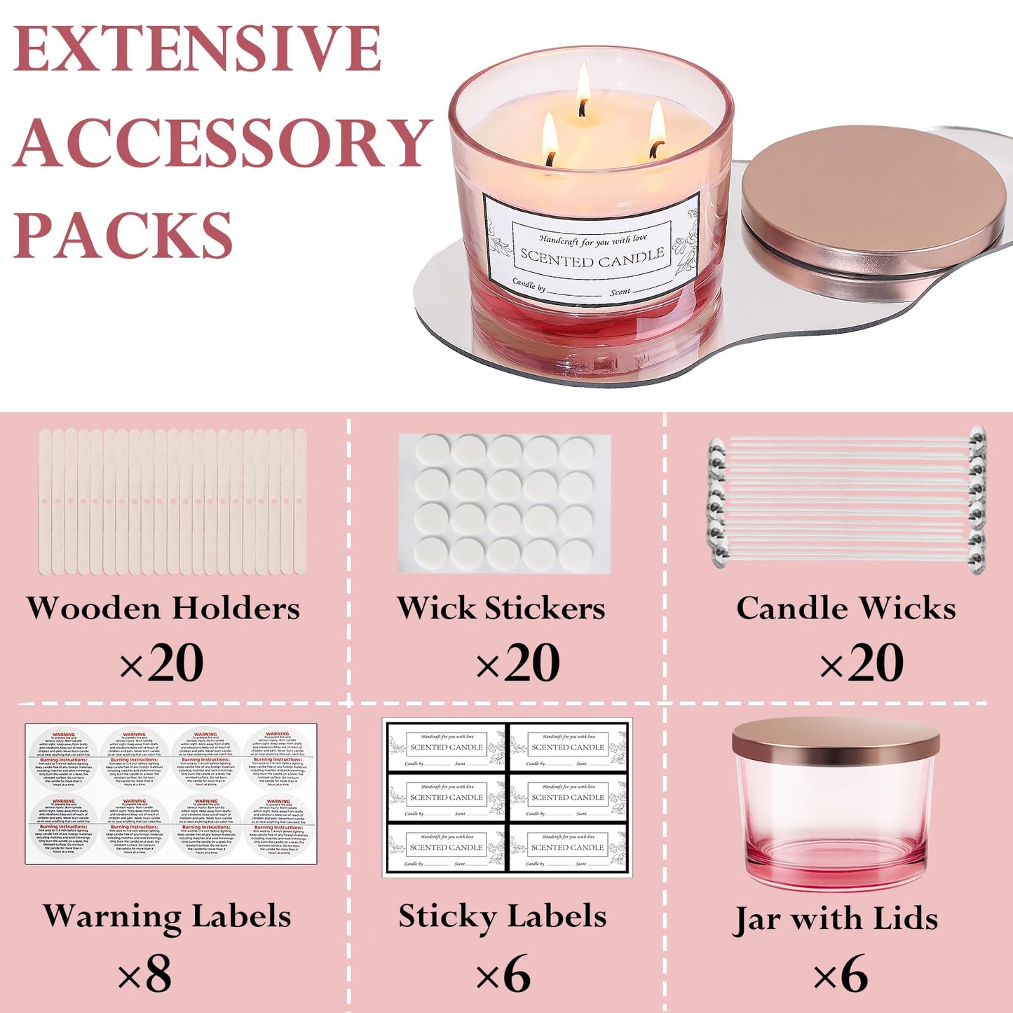 CONNOO 6 Pack 16 oz Candle Jars - 3 Wicks Pink Empty Glass Wide Mouth Candle Jars Come with Metal Lids Sticky Warning Labels and a Candle Wick Kit for Candle Making- Dishwasher Safe