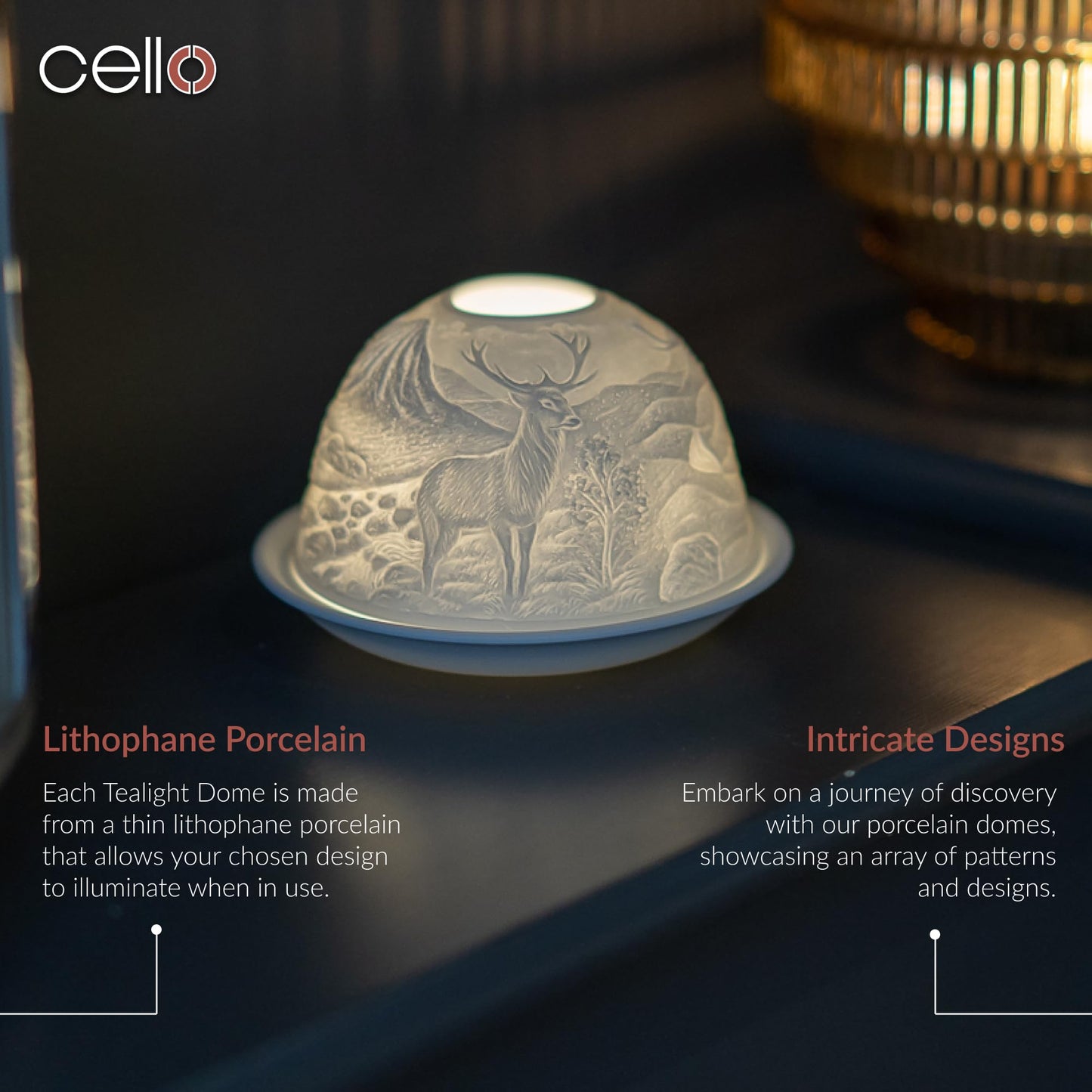Cello Porcelain Tealight Holder Dome - Highland Stag Design with 3D Projection Image & Message Scented Unscented LED Candle Wax Warmer Animal Nature Deer Gifts Ornament Home Birthday Easter Present