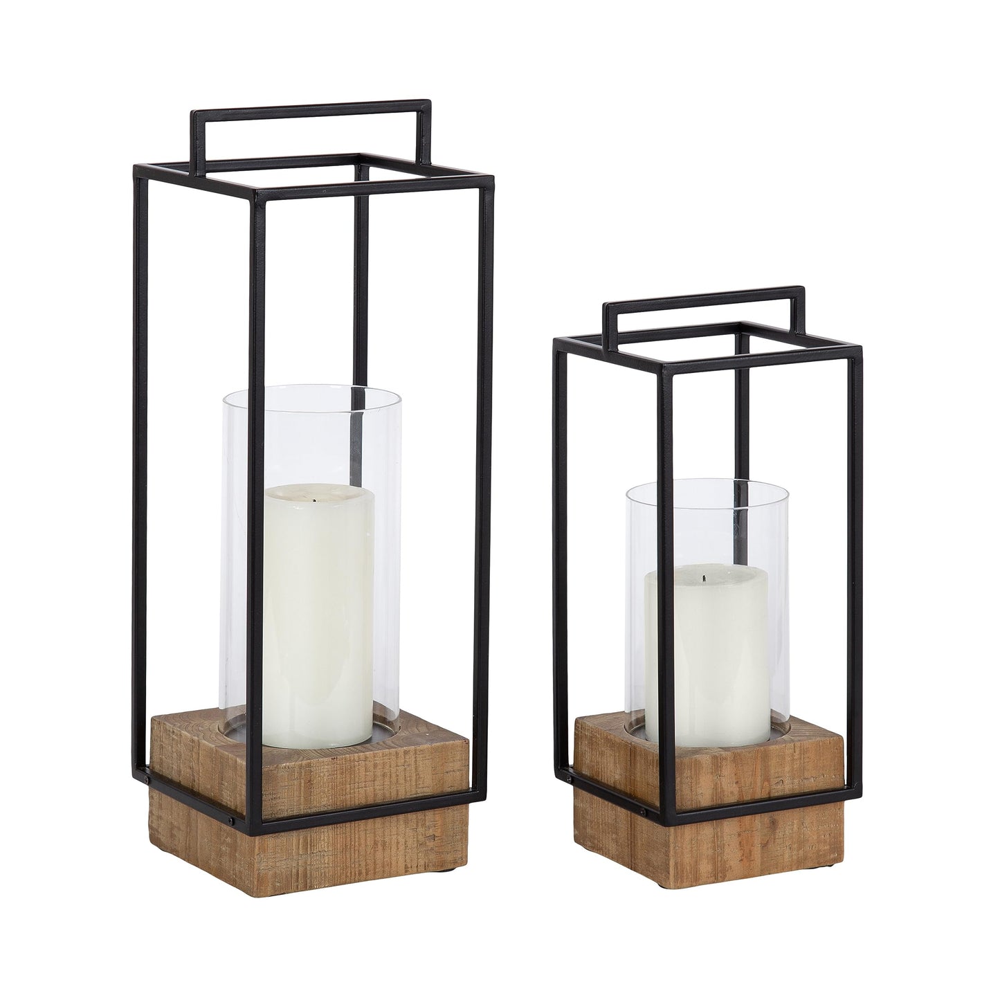 Kate and Laurel Brandt Farmhouse Two-Piece Candle Holder Set; 7 x 7 x 19; Hazelnut and Black; Transitional Wood and Metal Lantern Candle Holders for Fireplace Mantel Display