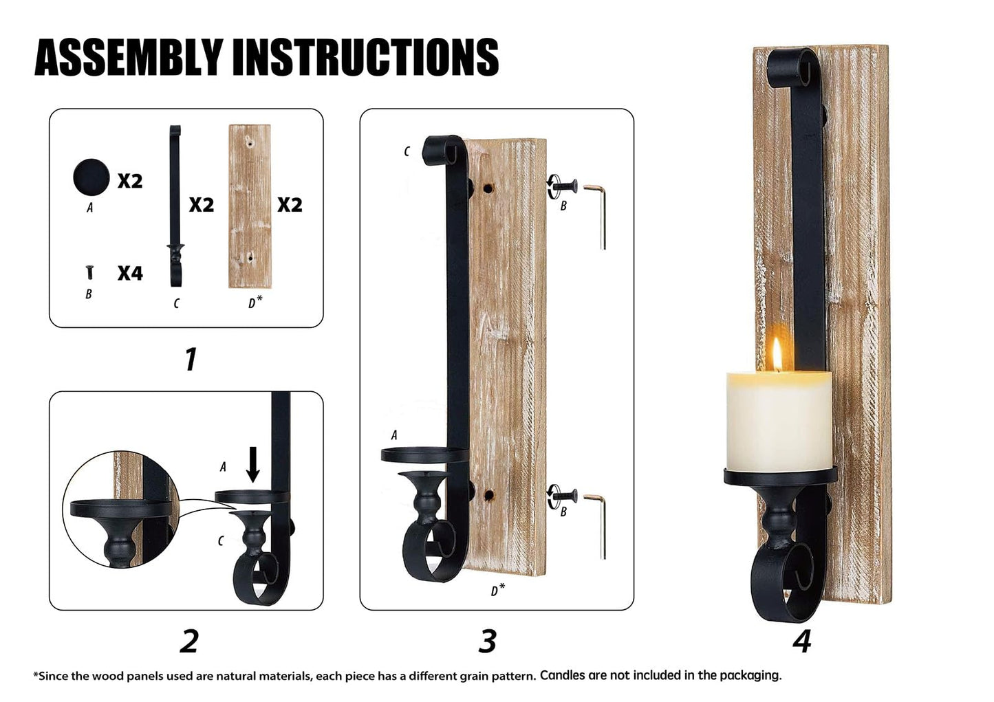 Wall Sconce Candle Holder (Set of 2) Black Wall-Mount Metal and Wooden Candle Holders for Living Room, Bathroom, Dining Room