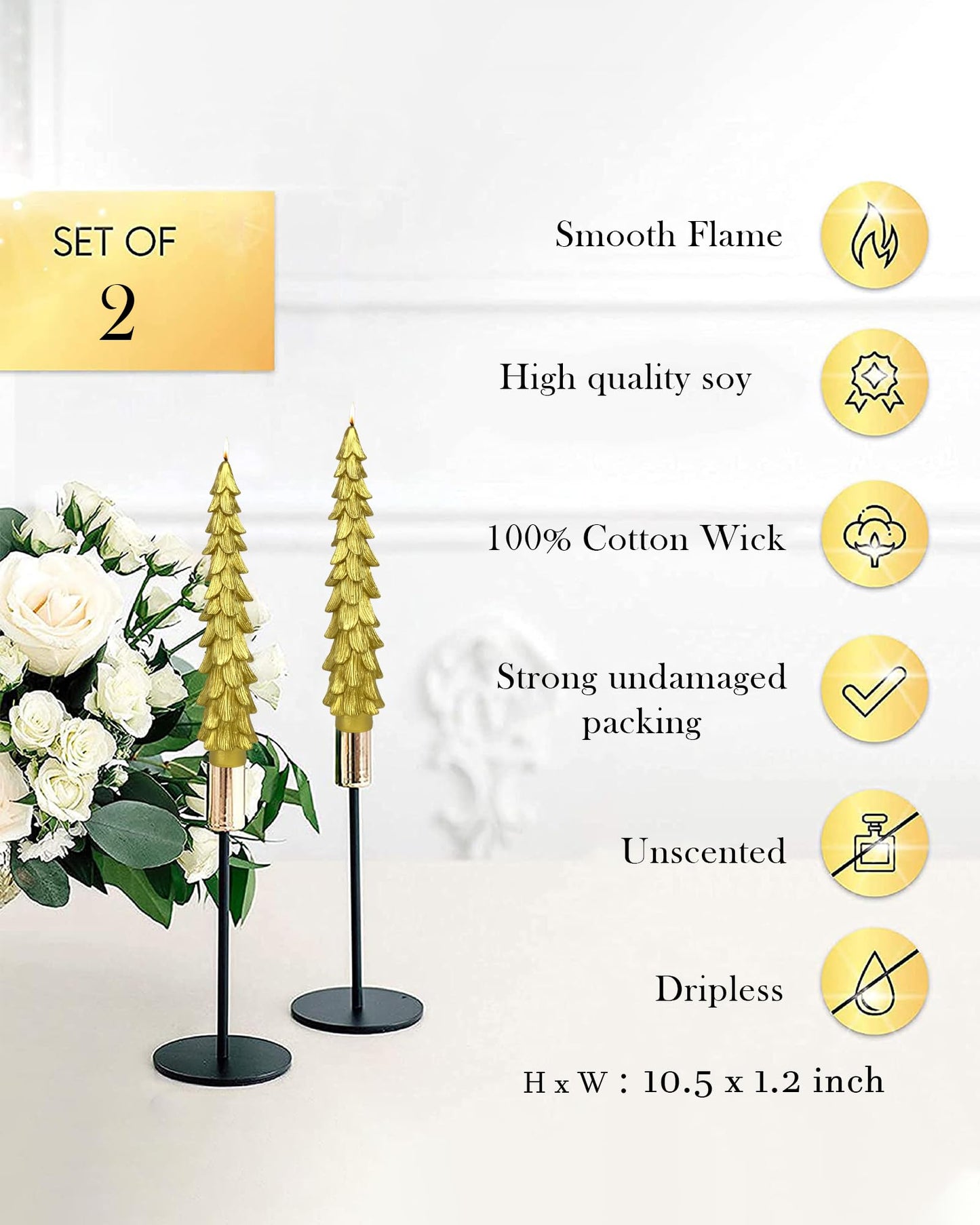 LPUSA Christmas Tree Taper Candles Gold Spruce Candles，Christmas Decor Decoration,Set ot 2,(Gold) 10.5inch
