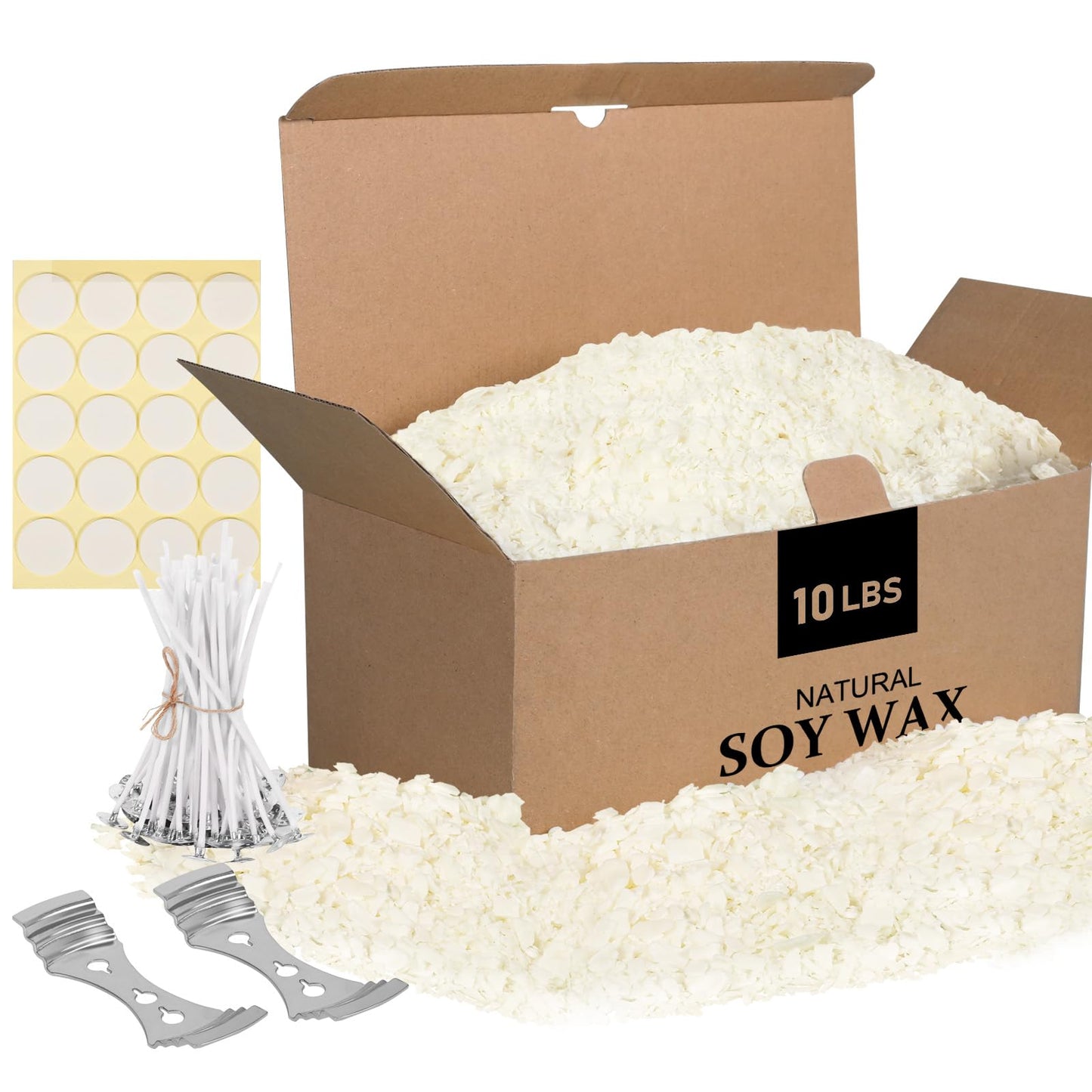 SAEUYVB Natural Soy Candle Wax for Candle Making, 10lb Bag, Premium Soy Wax Flakes, 20 Cotton Candle Wicks, 20 Wick Stickers and 2 Centering Devices ﻿