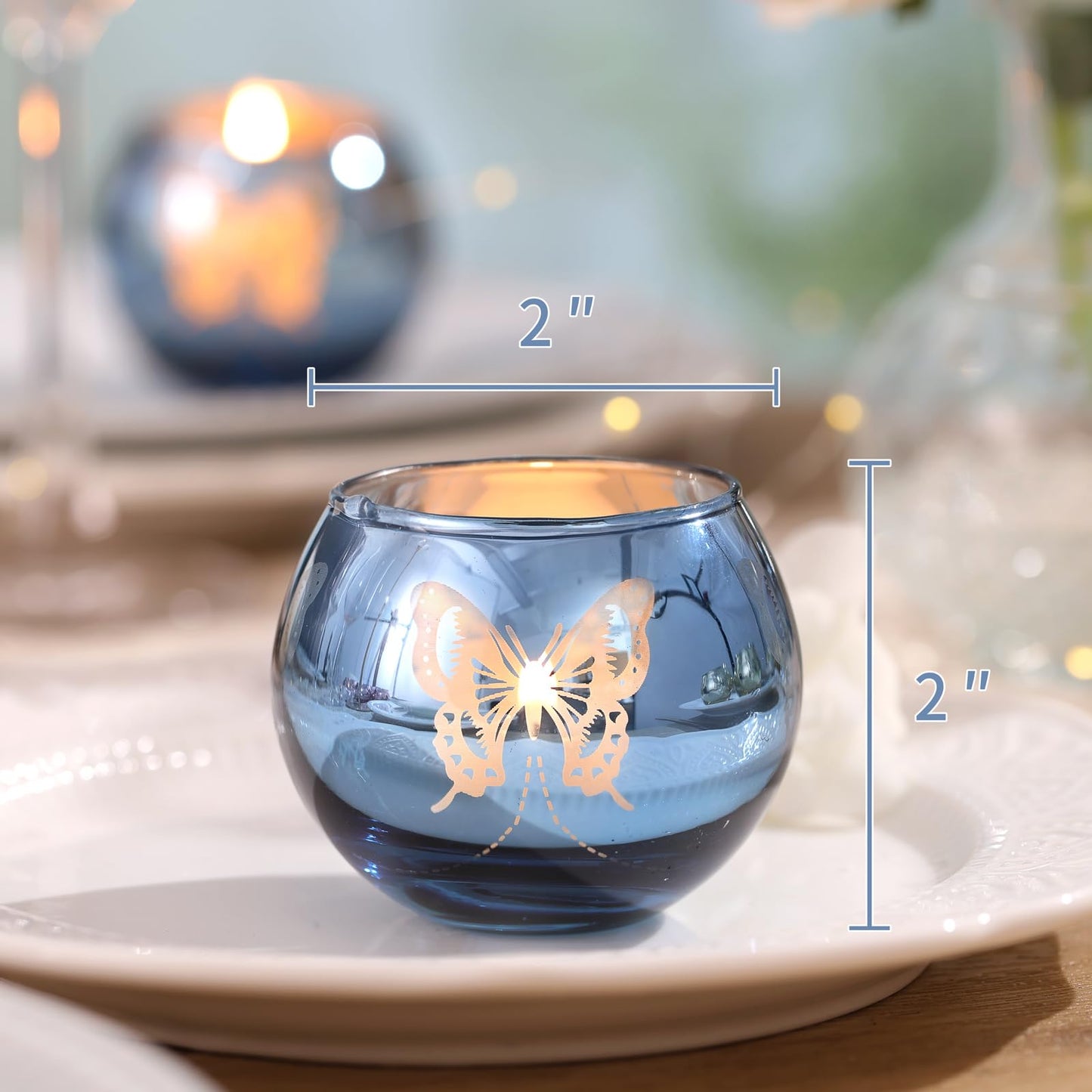 Blue Votive Candle Holders Set, 12 PCS Tea Lights Candle Holder Decorative Bulk with Butterfly Pattern, Candle Holders for Wedding, Blue Bridal Shower, Parties, and Holiday Decorations