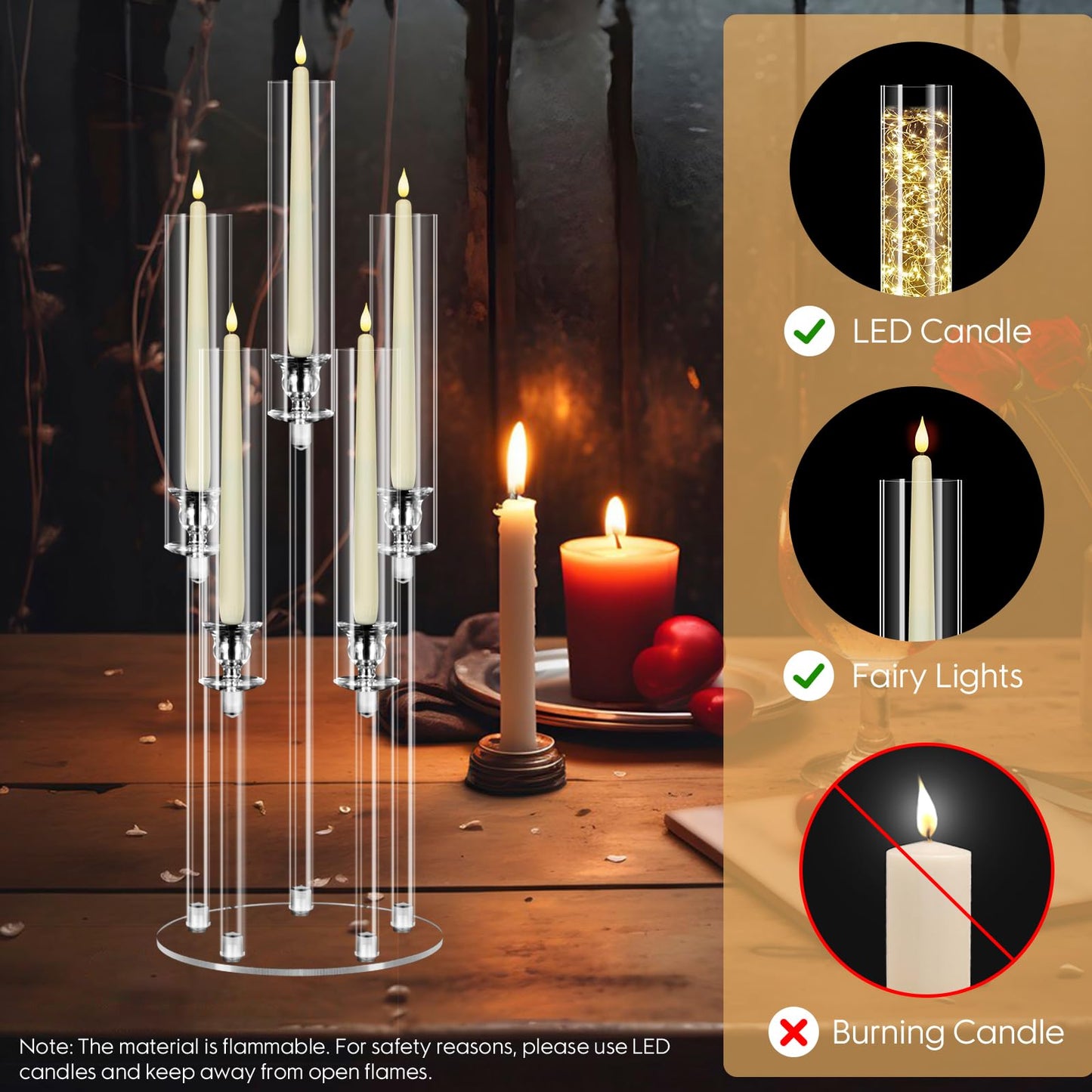 4 Sets 5 Arms Acrylic Candelabra Centerpieces for Tables,Clear Candle Holder for Wedding,Ceremony Dinner Party, 27" Tall Candlestick Holders with Lampshade,Fit LED Candle