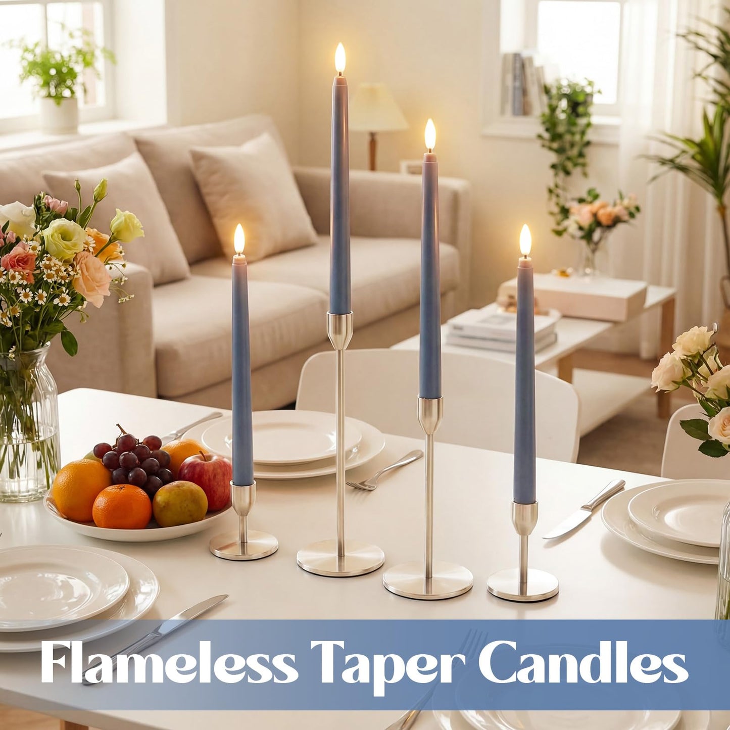 Macarrie 24 Packs Flameless Taper Candles Battery Operated Fake 11 Inch Long Candlelight LED Flameless Candlesticks Flickering Tapered for Spring Summer Wedding(Haze Blue)
