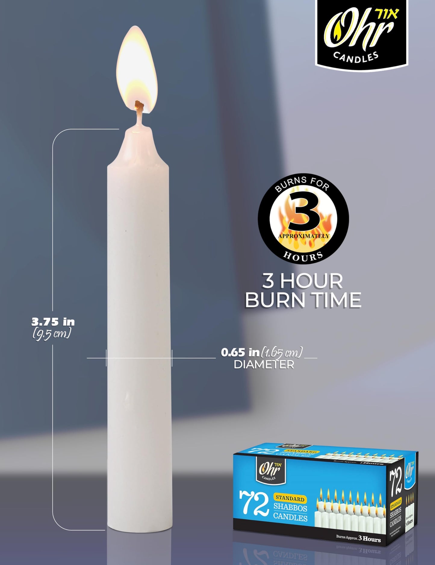 Ohr Candles Shabbat Candles - Traditional Shabbos Candles - 3 Hr. - 72 Ct.
