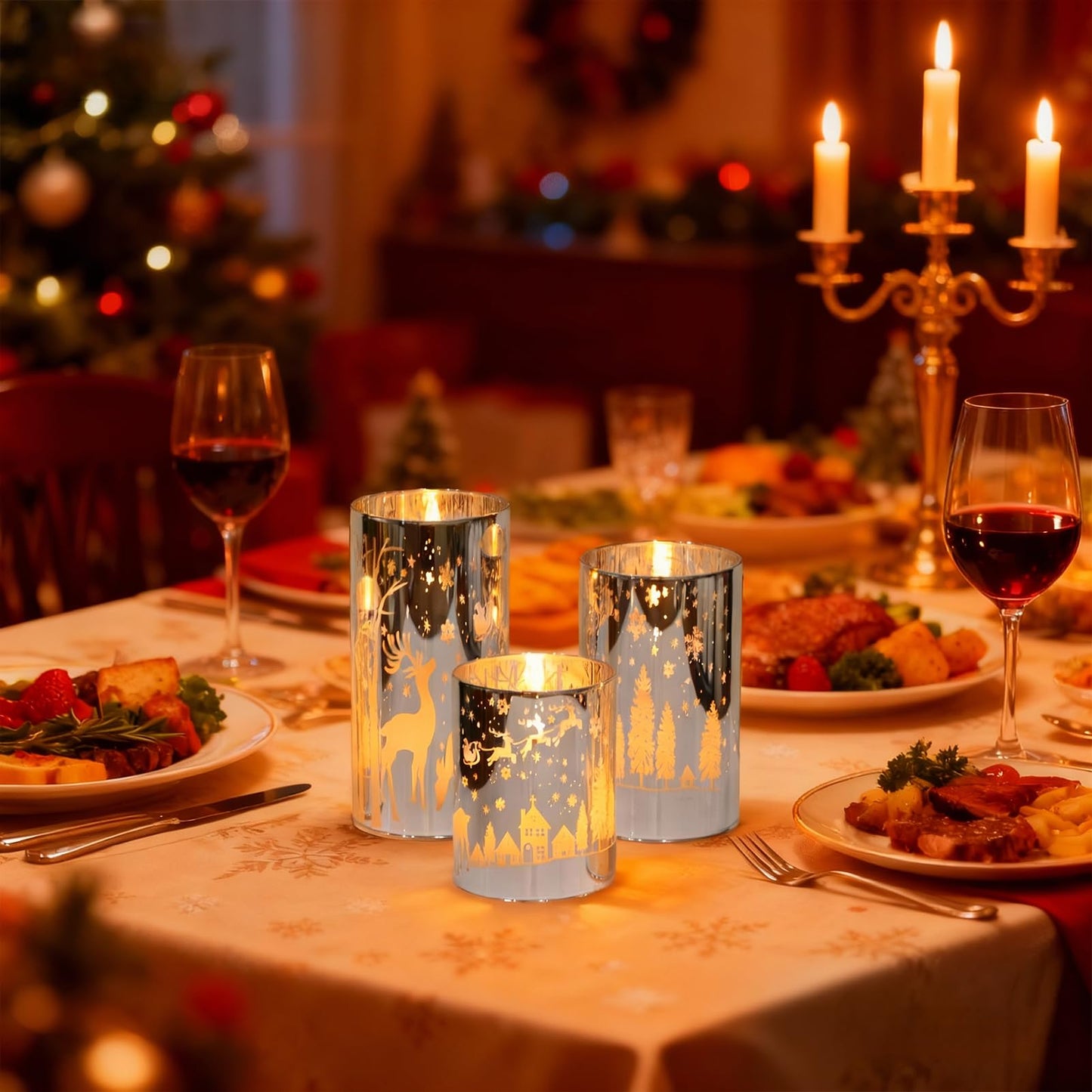 DRomance Christmas Flameless Candles Battery Operated with 10-Key Remote and Timer 3D Wick Flickering Electroplating Glass Reindeer LED Candles Indoor Holiday Decorations(Silver, 3" D x 4", 5", 6" H)