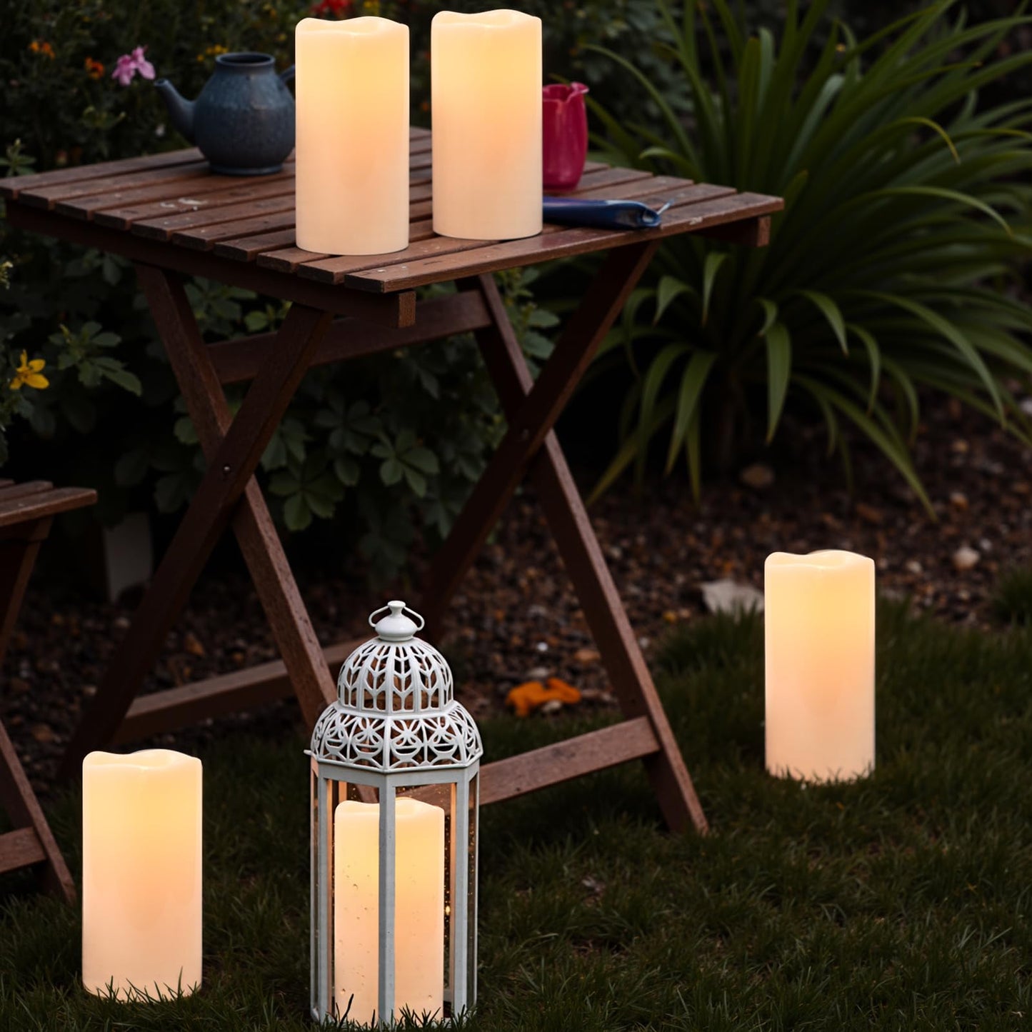 Eldnacele 8" × 4" Waterproof Outdoor Large Flameless Candles Remote and Timer, Battery Operated White Plastic LED Flickering Pillar Candles 2 Pack Dinner Wedding Porch Garden Lanterns Home Decor
