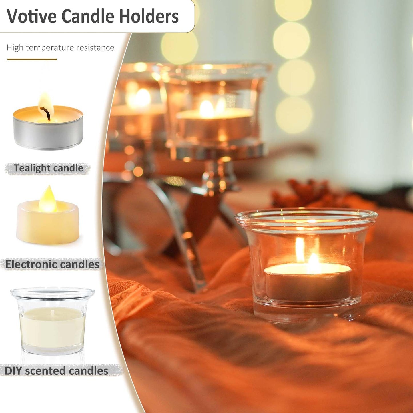 3-Arm Metal Tea Light Candle Holder Set with 5 Glass Cups, Votive Candle Holders Centerpiece Candelabra for Wedding Table Decor, Home Gatherings and Holidays (Silver, 5 Cups)