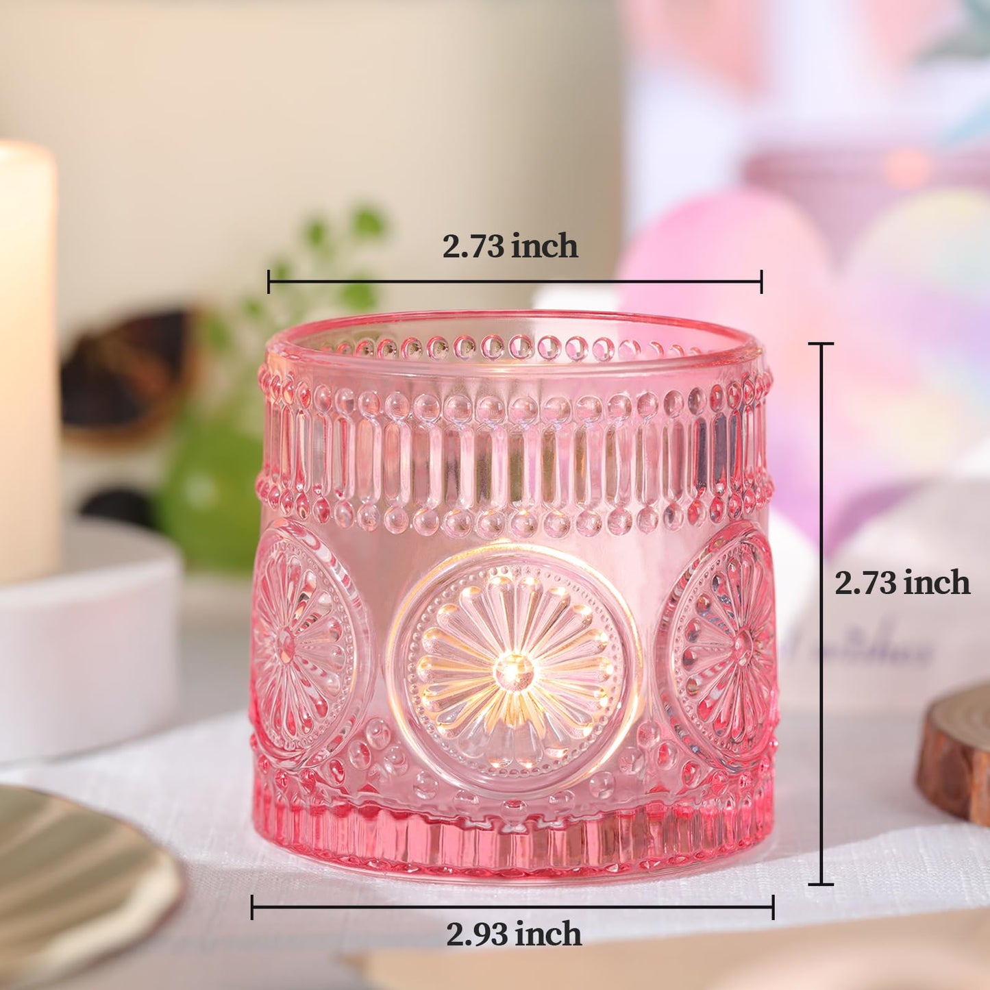 Sunnyfuture 6Pcs Large Votive Candle Holders Pink Glass Tealight Candle Holders for Wedding, Table Centerpiece, Party, Birthday, Home Decor