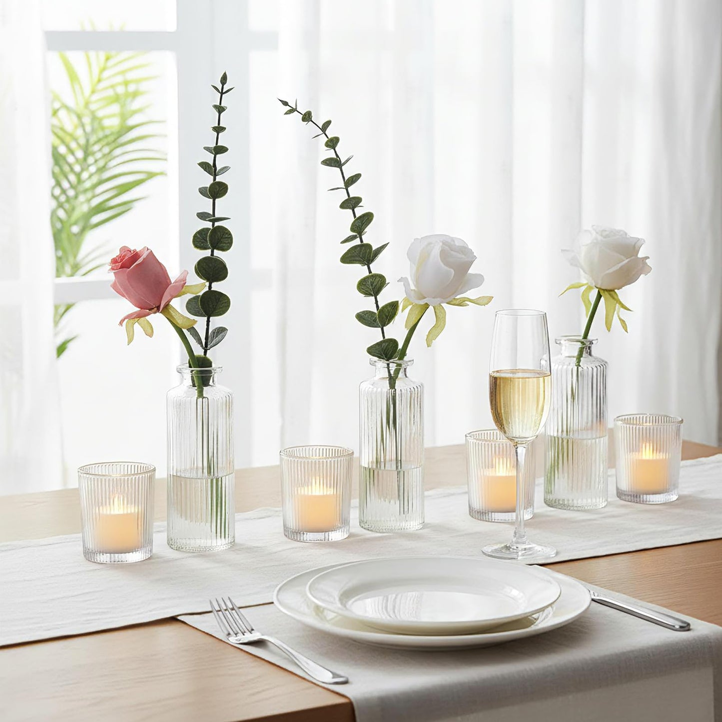 Yerliker 12 Glass Bud Vases Set Bulk Clear Ribbed Vases and 12 Clear Glass Tea Light Candle Holders Suitable for Table Centerpieces, Parties, Home Decor, Wedding Table Centerpiece, Home Decor