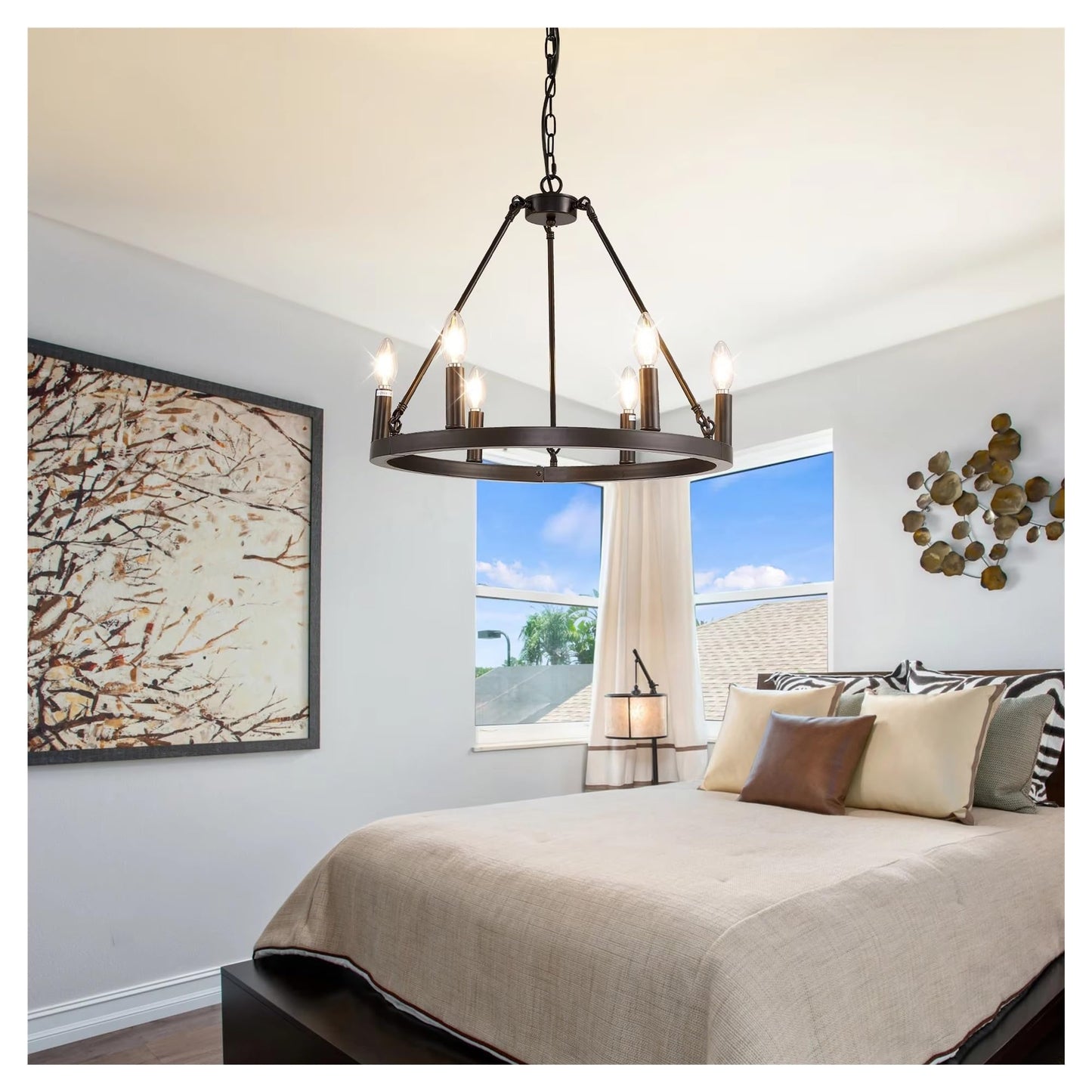 6 Light Black Carriage Wheel Pendant Light 20.65 Inch Candle Pendant Light,Comfortable Lighting