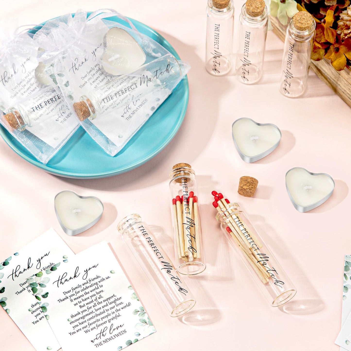 Wovnet 100 Sets Wedding Party Favors for Guests Bulk Including Mini Heart Shaped Candles and Empty Matches Jars with Cork Top Thank You Cards and Organza Bags for Wedding Bridal Shower Party Souvenir