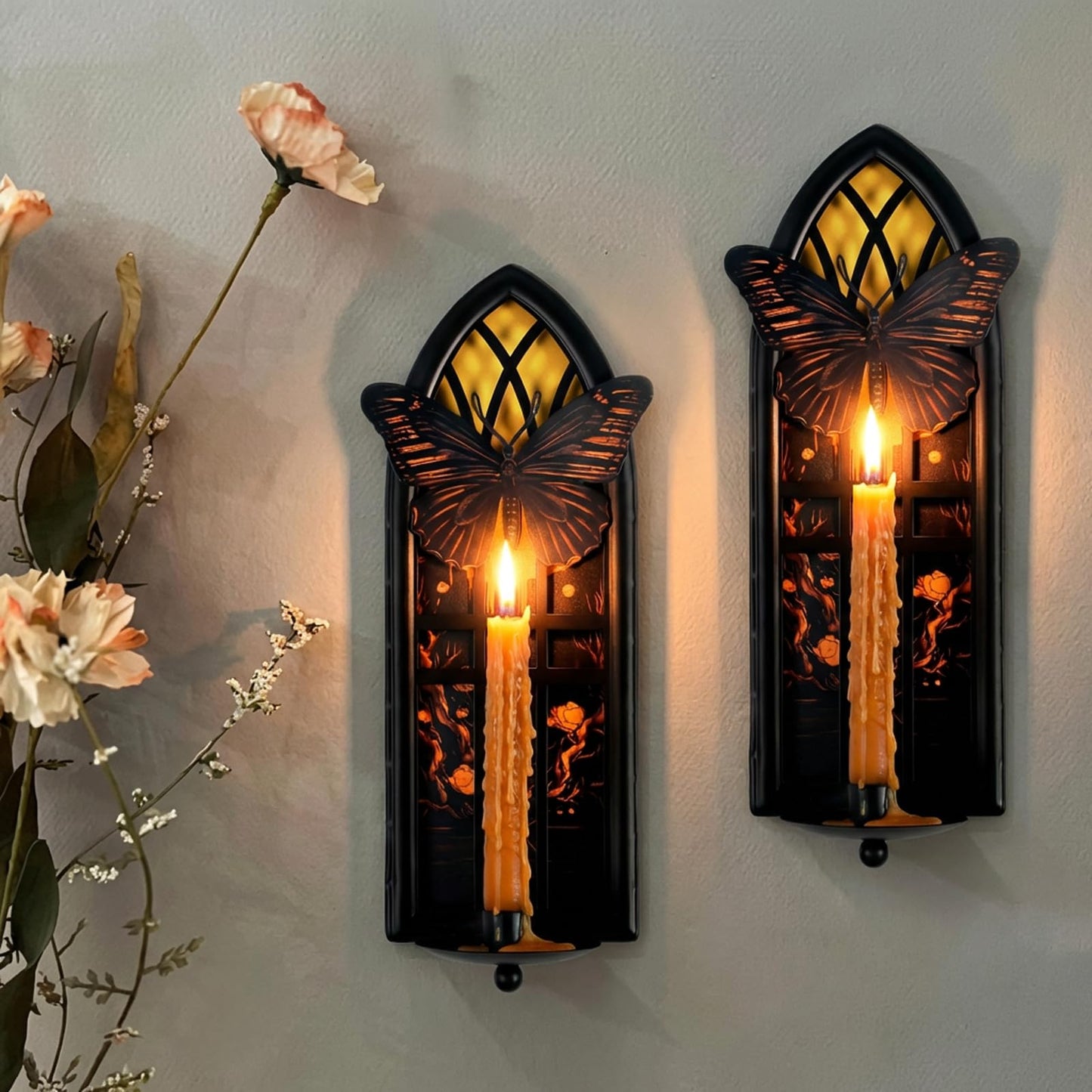 AimtoHome Gothic Wall Candle Sconces Set of 2, Butterfly and Moon Iron Wall Mounted Candelabra Holder with Removable Trays for Taper & Pillar Candles, Romantic Garden & Boho Home Decor