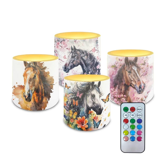 NETILGEN Floral Horse Print 4 Pcs Flameless Candles with Remote Timer Control Color Changing Battery Operated LED Pillar Flickering Candles for Home Decor