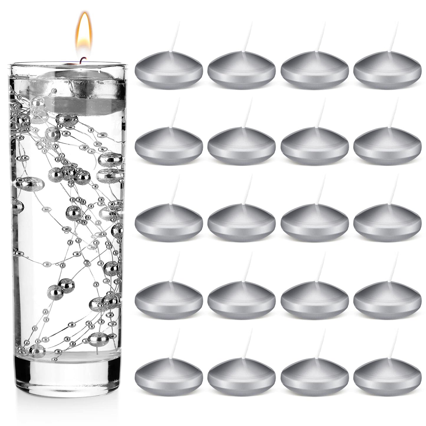 Nuanchu 20 Pcs Mini Floating Candles Small Floating Unscented Candles Round Tea Lights Disc Smooth Wax for Pool Bathtub Dinner Wedding Home Favors(0.7 x 1.4 in,Silver)