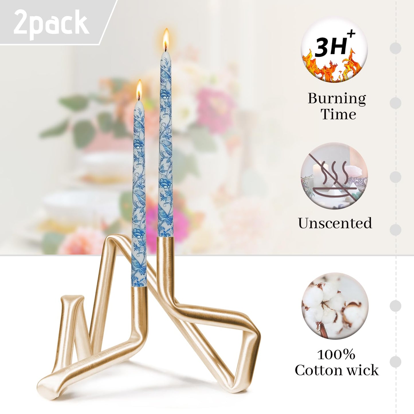 Romantic Floral & Bird Taper Candles - 10 Inch Handmade Drip Candles, Set of 2 for Wedding Centerpieces & Home Decor
