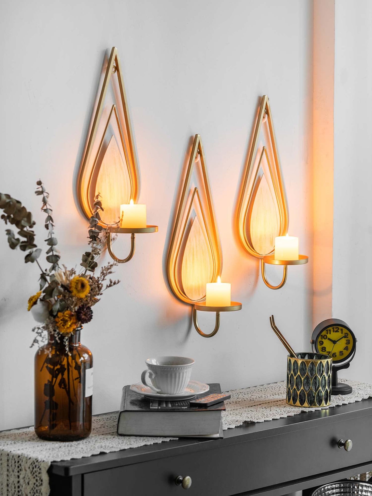 ZOOYOO Gold Wall Sconce Candle Holders Set of 2 - Metal Raindrop Hanging Iron Candle Sconces for Home Decor, Bedroom, Living Room (Gold, Modern)