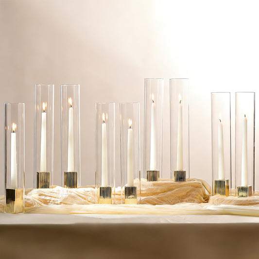 LETINE 14" Tall Hurricane Candle Holders with Gold Ribbed Taper Candle Holders Set of 9– Bulk Windproof Taper Candle Hurricane Glass for Outdoor&Indoors Wedding Centerpiece, Event & Home Decor