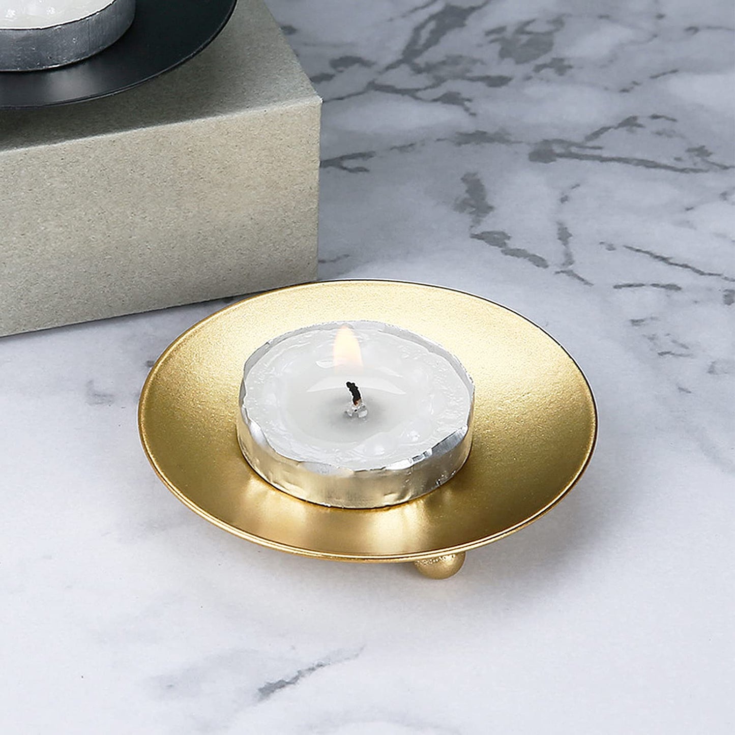 Candle Holder Decorative Iron Plate,Candle Stand for LED & Wax Candles,Spa,Bathroom,Weddings,4.33x0.78inch,Set of 3 (Gold)
