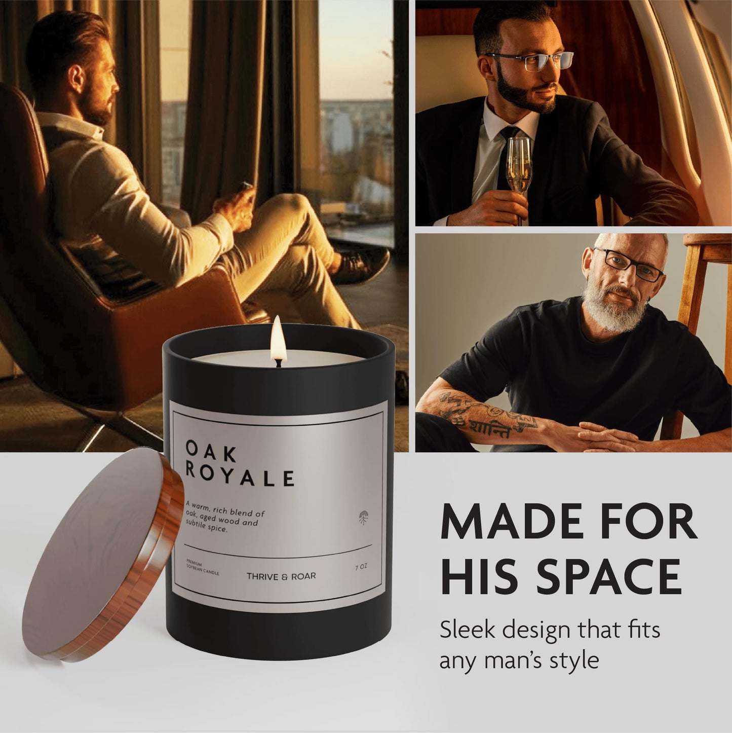 Thrive & Roar - Oak Royale Premium Scented Candle for Men – 7oz Long Lasting, Soy Wax Aromatherapy Candle for Home Scented, Masculine Aroma, Office Decor, Man Cave Decor, Men's Gift
