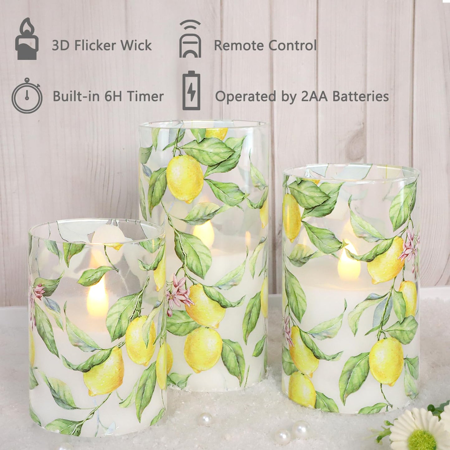 FLAVCHARM Lemon Glass Flameless Candles with Remote Timer Battery Operated LED Flicker Real Wax Pillar Candles Spring Summer Lemonade Party Kitchen Table Dinner Christmas Holiday Decor D3 x H4, 5", 6"