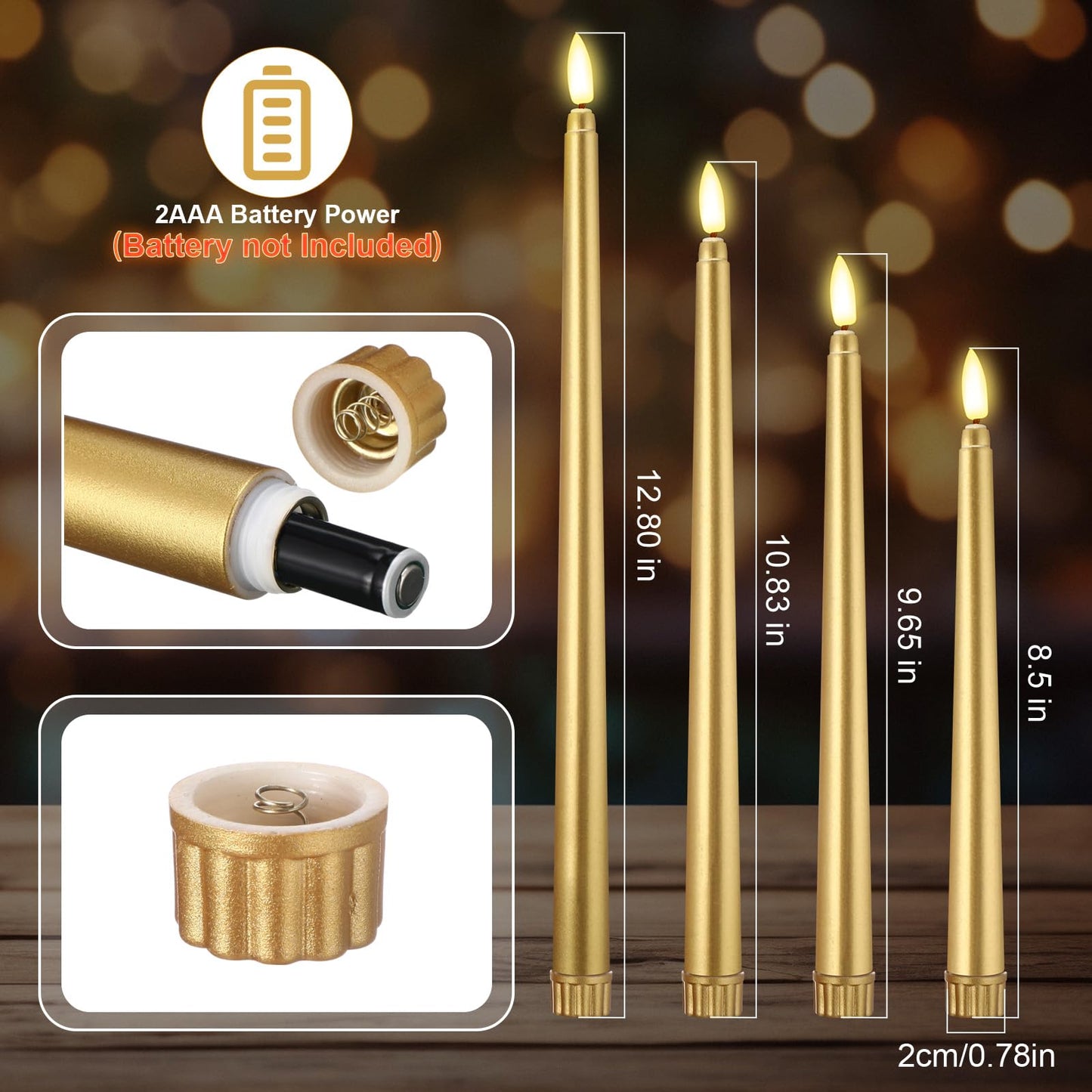 Rossesay 48 Pcs Flameless LED Taper Candles Battery Operated Candles 4 Sizes of 8.5'', 9.65'', 10.83'', 12.8'' Flameless Candlesticks Flickering for Halloween Christmas Church Wedding(Golden)
