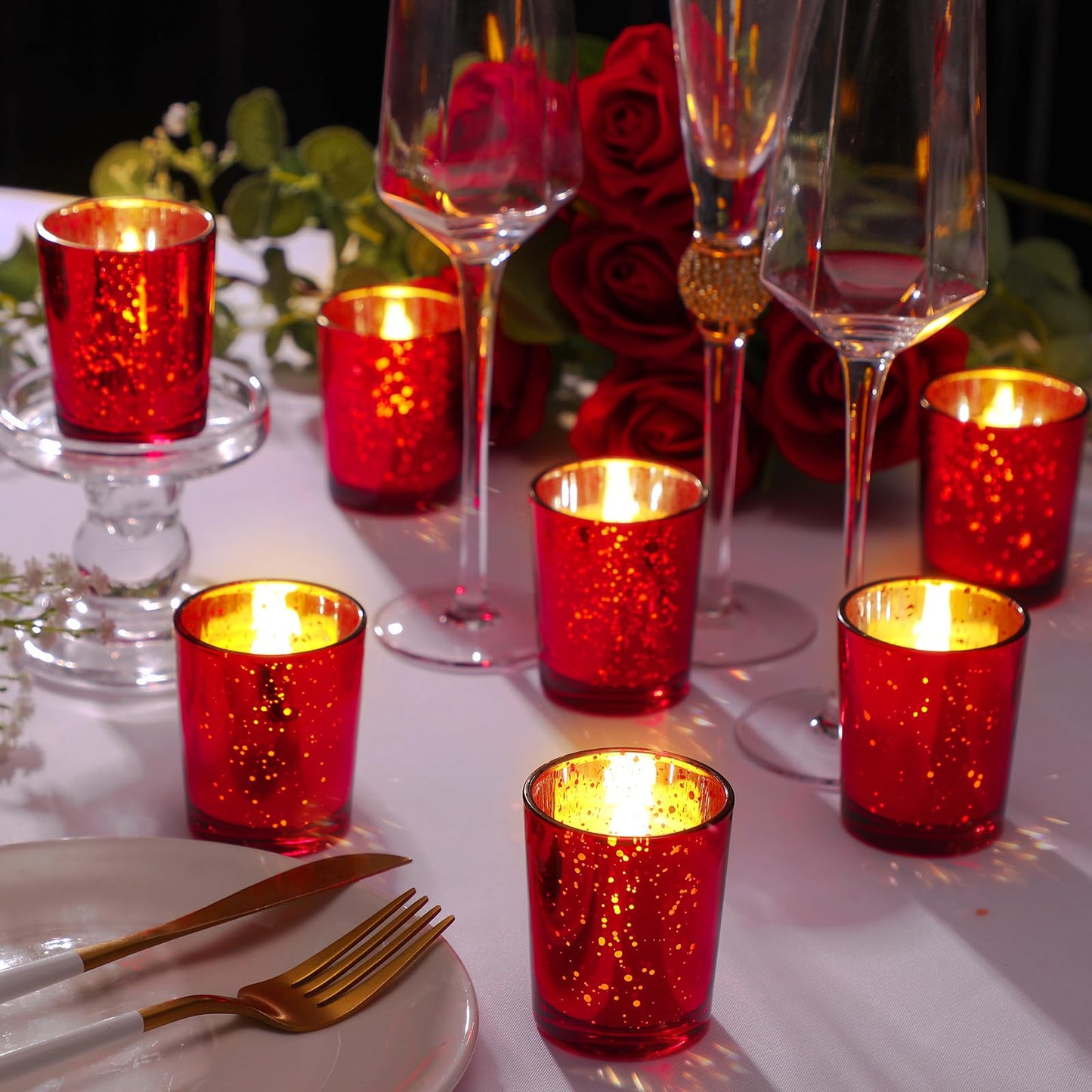 50 Pcs Votive Candle Holders Bulk Glass Votive Candle Holder Tealight Candle Holder Wedding Centerpiece for Table Home Birthday Anniversary Bridal Shower Party Decoration Reception (Red)