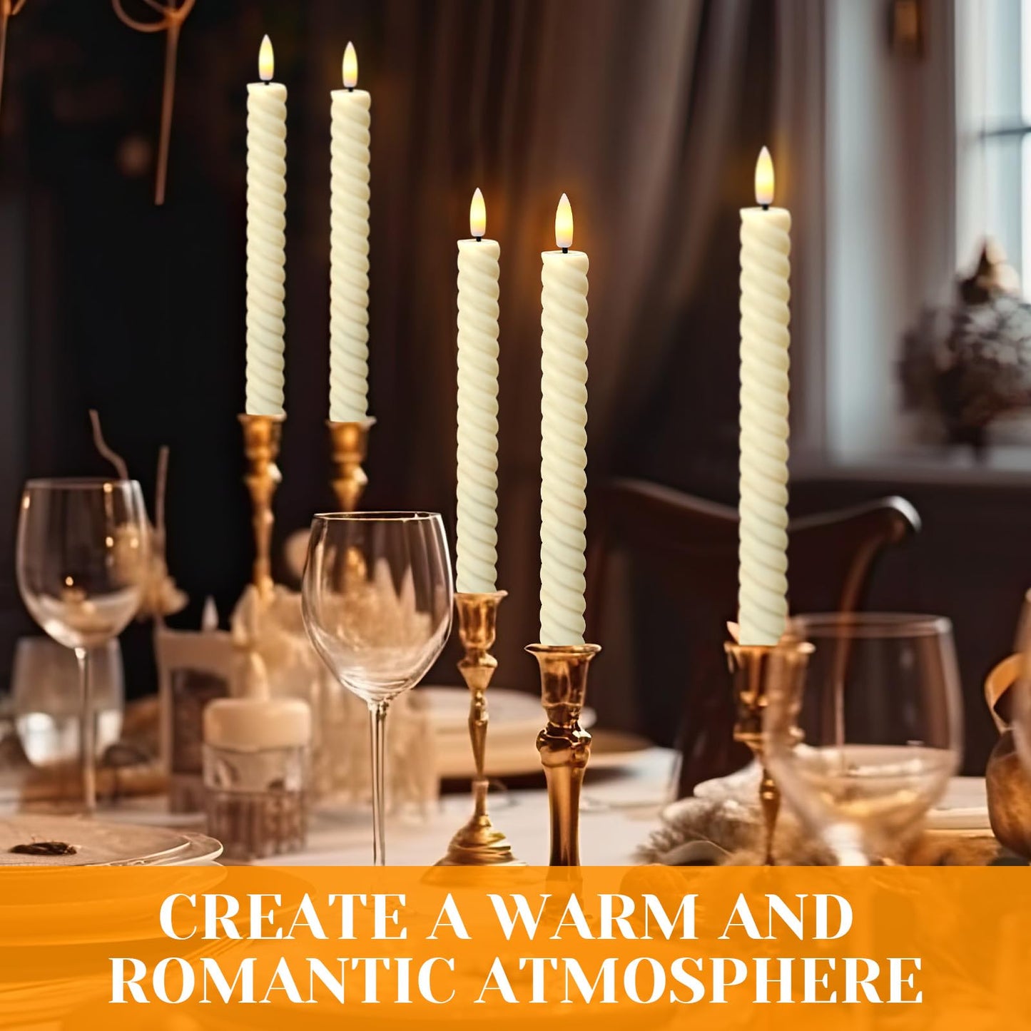 Tuanse 24 Pcs 10 Inch Flameless Twisted Taper Candles LED Flickering Battery Operated Candles Electric Warm Light Candlesticks for Wedding Birthday Party Home Dinner Decor(Ivory)