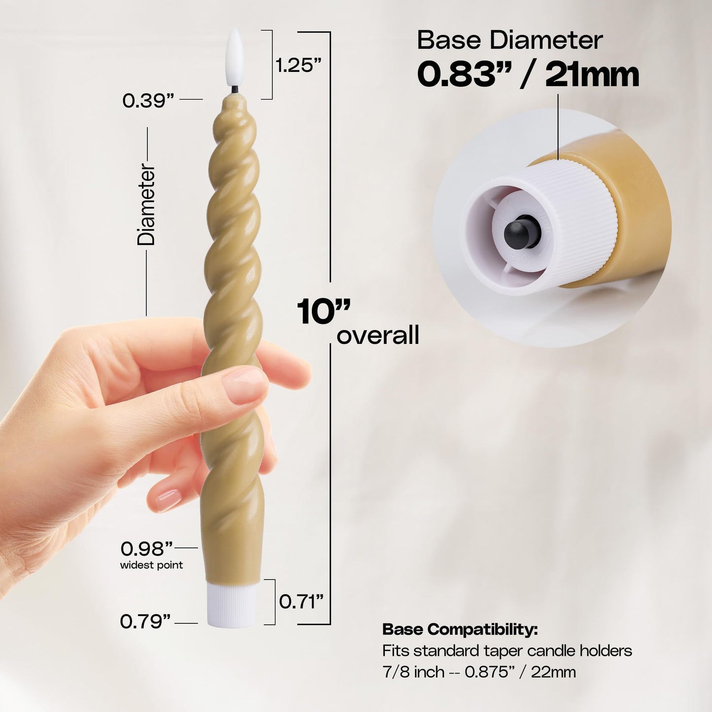 West Ivory Full Twisted Spiral Flameless LED Taper Candles – Light Tan, Set of 6 – 2/4/6/8-Hr Timer (24-Hr Memory), Remote, Dimmable, Bottom On/Off Button, Flicker/Steady, Battery Operated