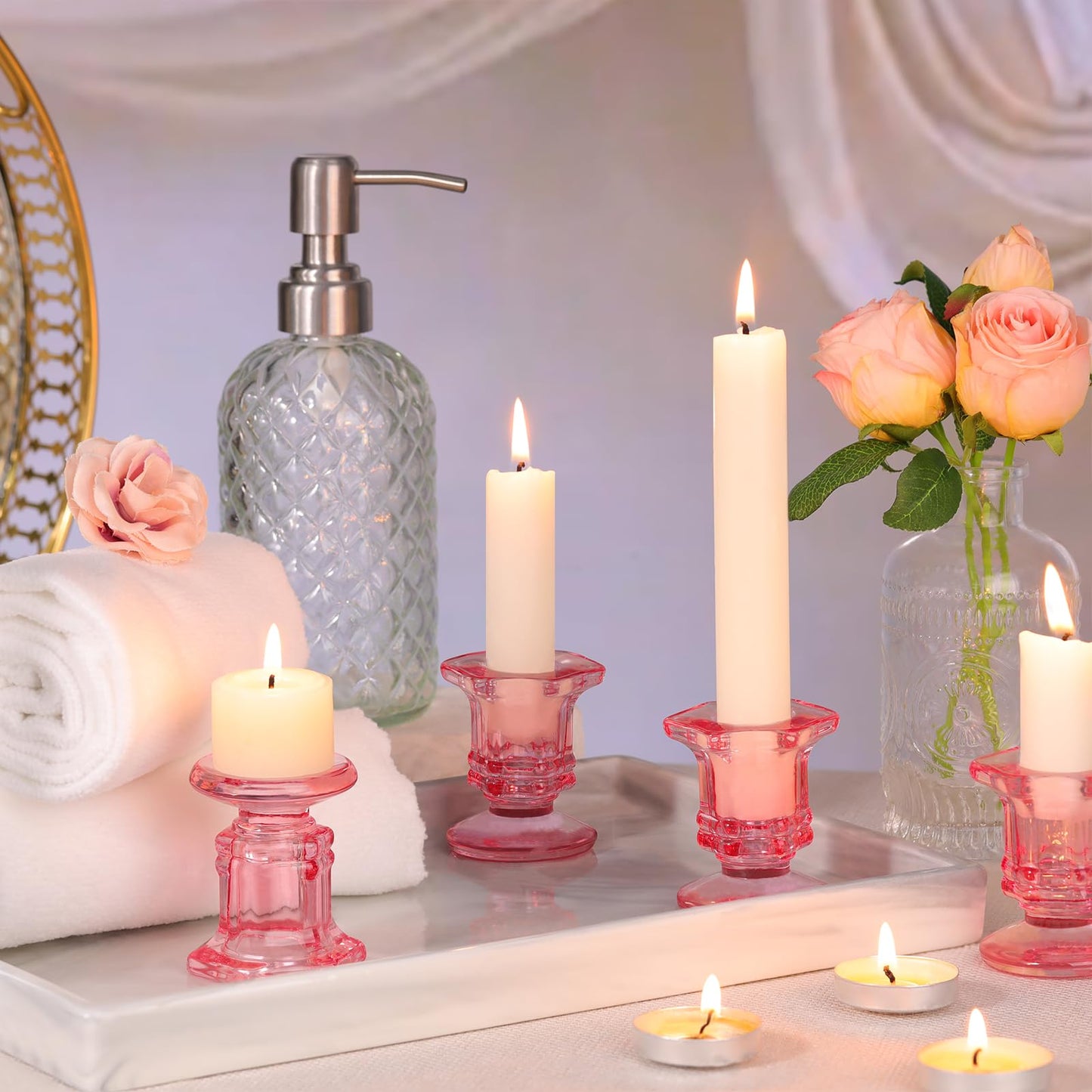 Lanttu 12 Pcs Pink Candlestick Holders Bulk, Glass Candle Holders Set, Crystal Taper Candle Holder for Wedding, Table Centerpiece, Home Decoration