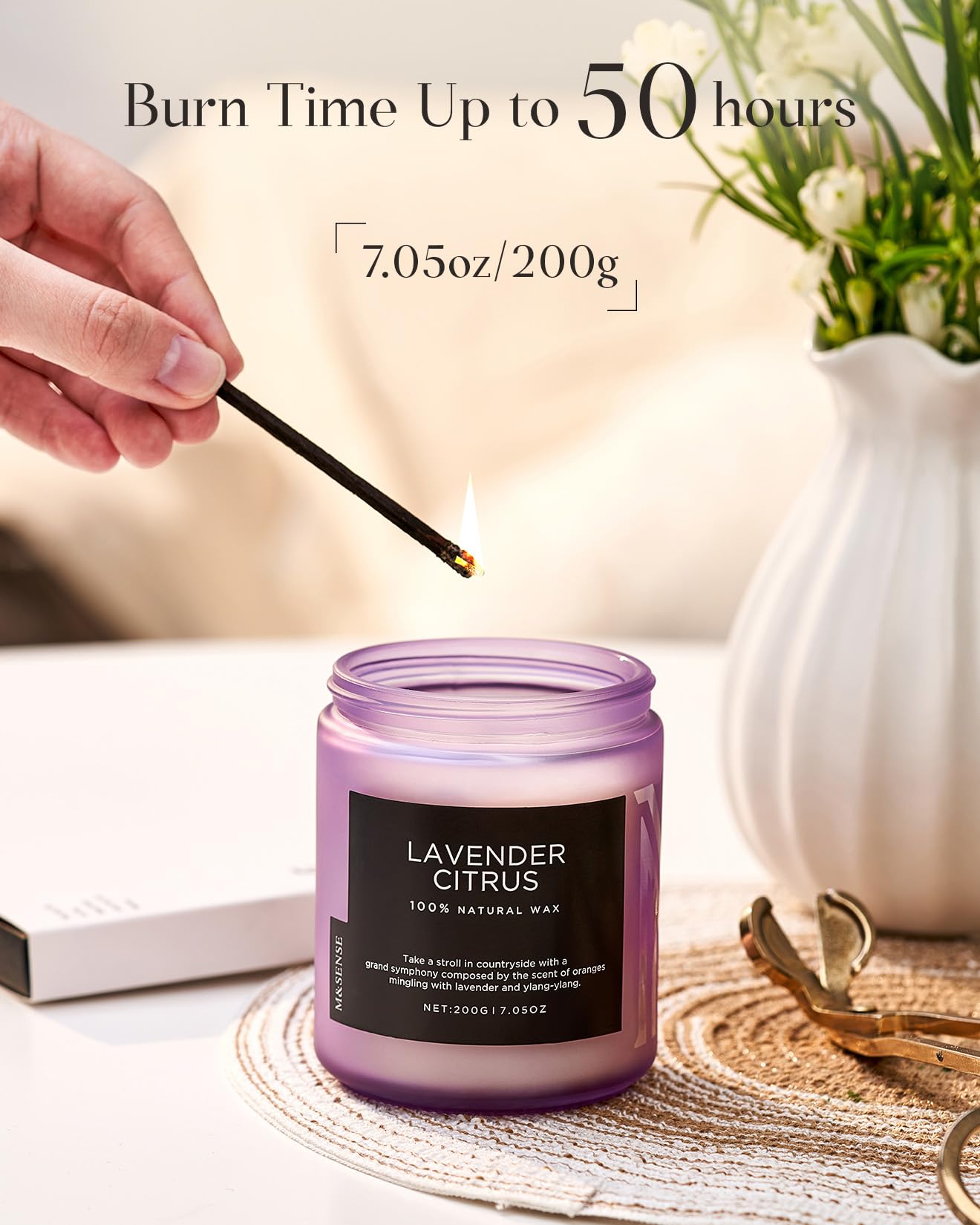 M&SENSE Lavender Citrus Scented Candles, 7.05oz Organic Soy Wax, 50 Hours Clean Burn, Non Toxic Candles for Home, Stress Relief Aromatherapy for Spa Housewarming Gift for Women Men