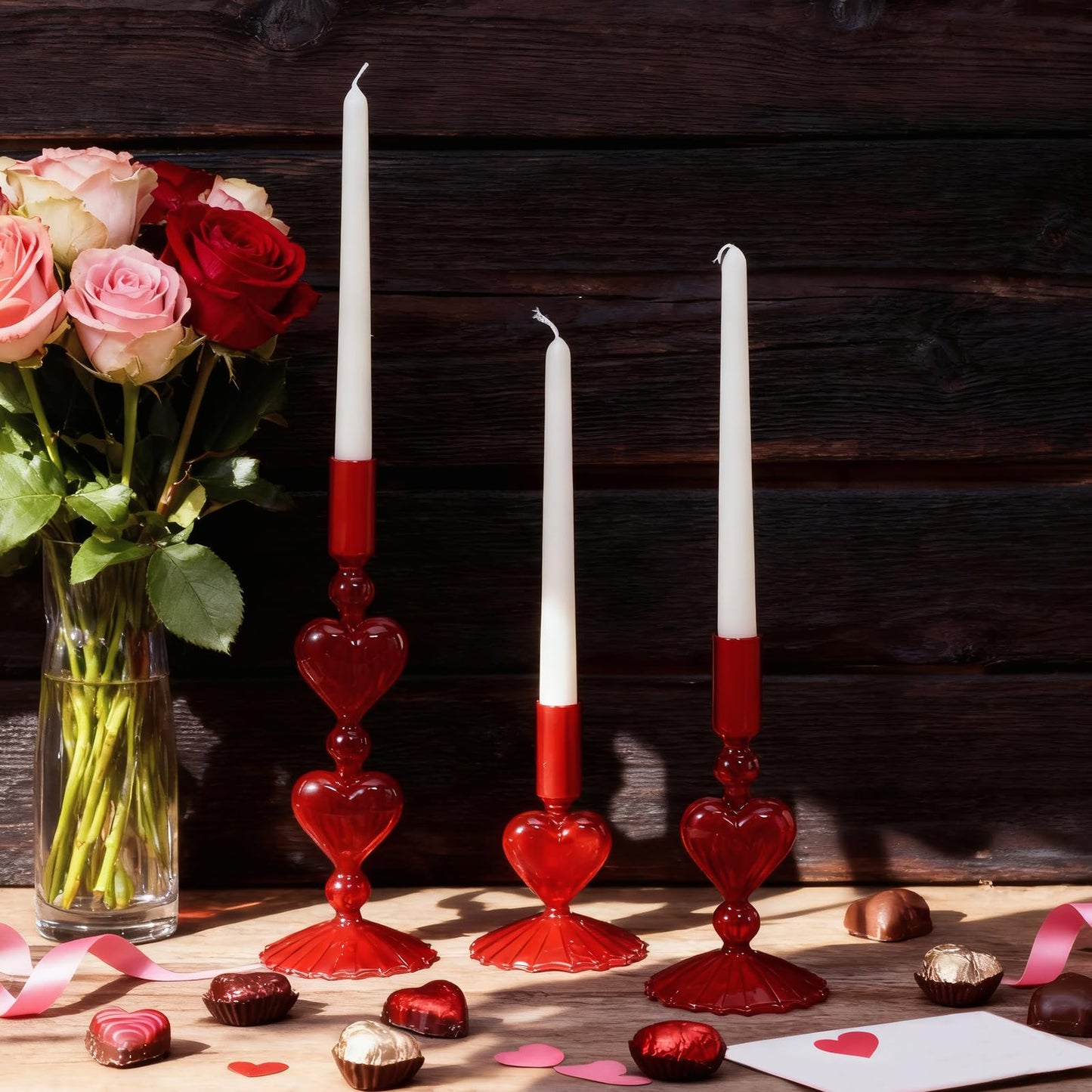 Mumufy 3 Pcs Valentine's Day Glass Candlestick Holders Heart Glass Taper Candle Holder Valentines Heart Candle Stick Vase Decor for Galentine's Day Wedding Festival Party Table Centerpiece(Red)