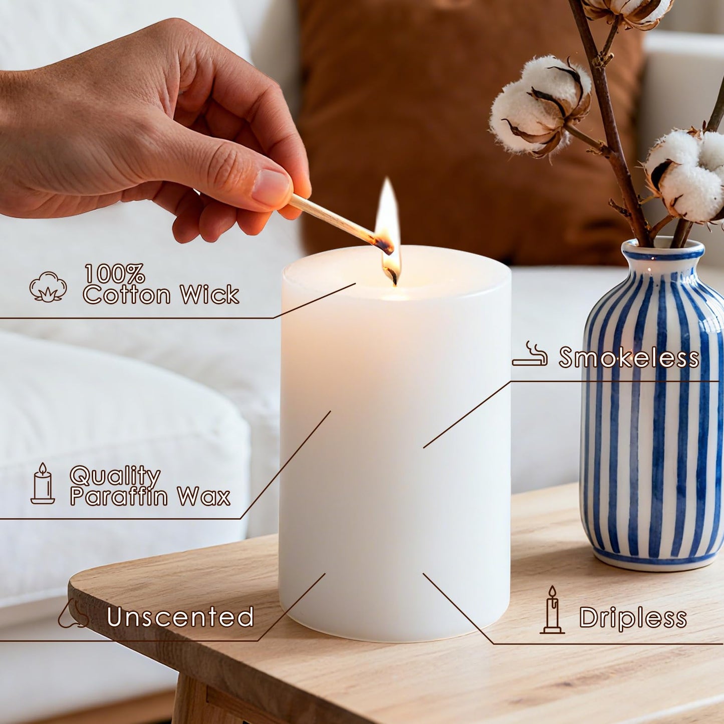 4x6 Inch White Pillar Candles, 2 Packs, 300-Hours Long Burning Time Totally, Unscented Large White Candles for Mantel Decor, Home Holiday Table Decor, Smokeless & Dripless