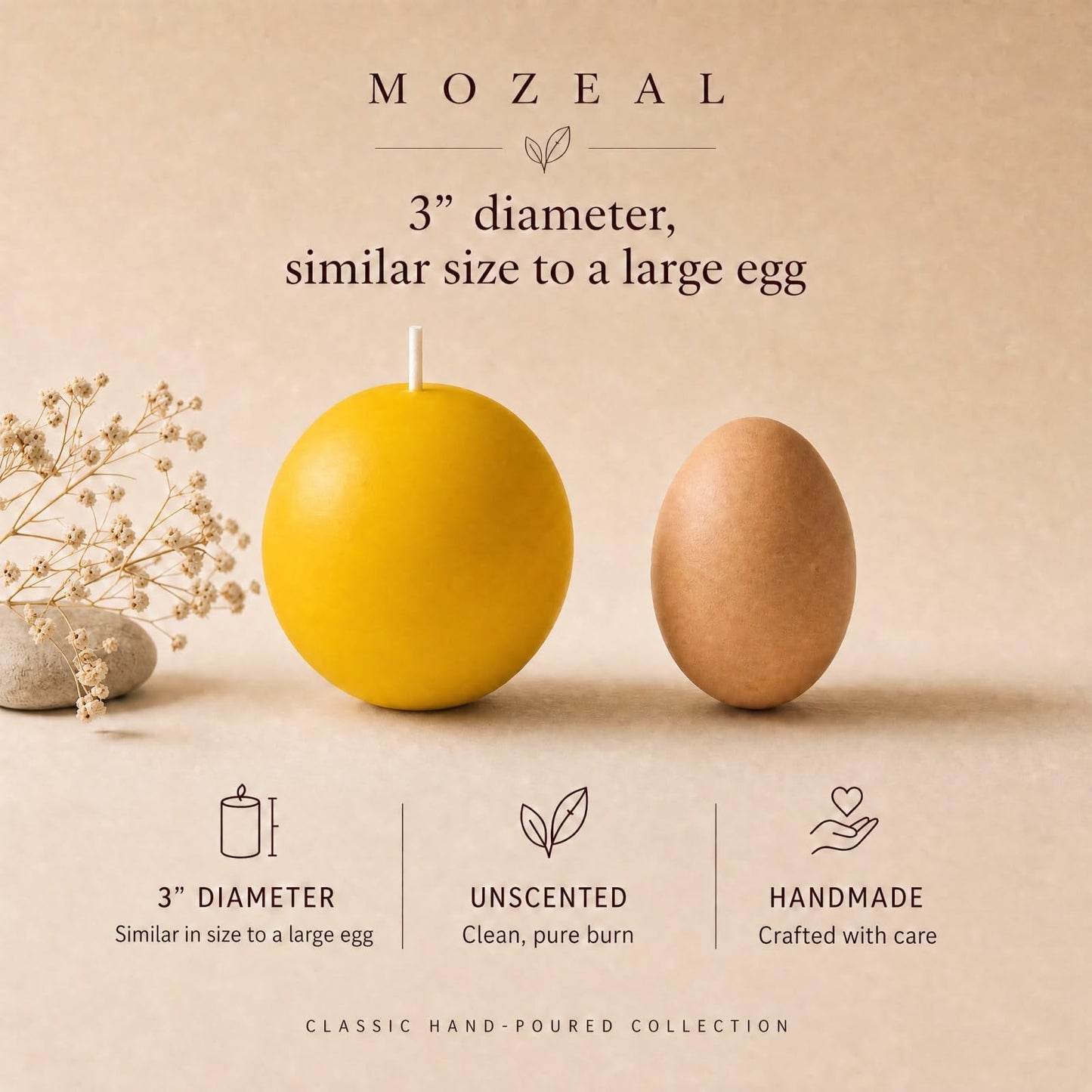 MOZEAL Hand-Poured, 3 Inch Yellow Round Ball Candles - Elegant Yellow Round Pillar Candles Set of 3, Dripless, Unscented, Smokeless, Ideal for Spring and Summer Parties.