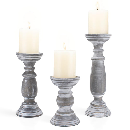 BANOMII Rustic Wooden Pillar Candle Holders Set of 3, 12'' 9'' 6'' Farmhouse Wood Candle Stand for Table Centerpieces, Vintage Tall Candleholders Fireplace Mantel Decor for Living Room, Grey