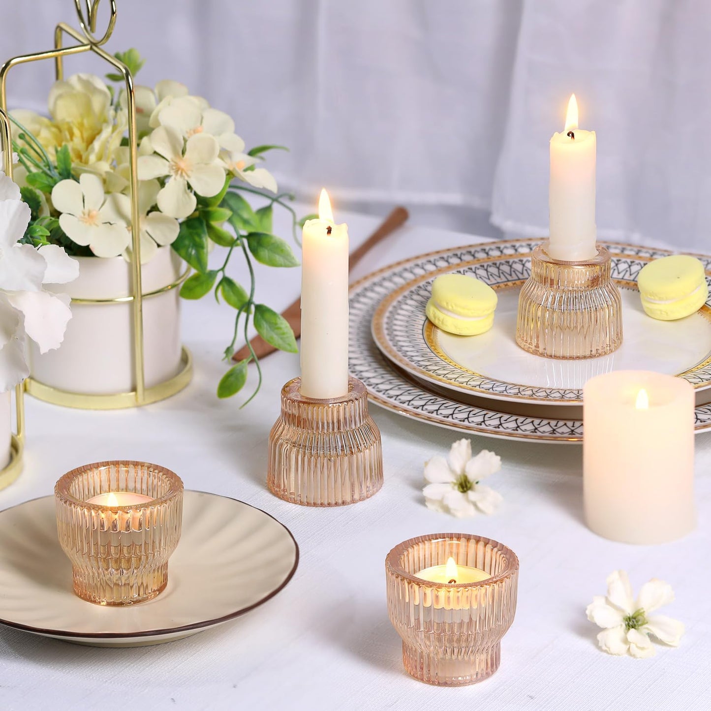 HAVITI 12 Pack Gold Taper Candle Holders, Glass Candlestick Holders, Tea Light Candle Holder for Fall Wedding Centerpieces Table Decorations, Votive Candle Holders for Table Decor