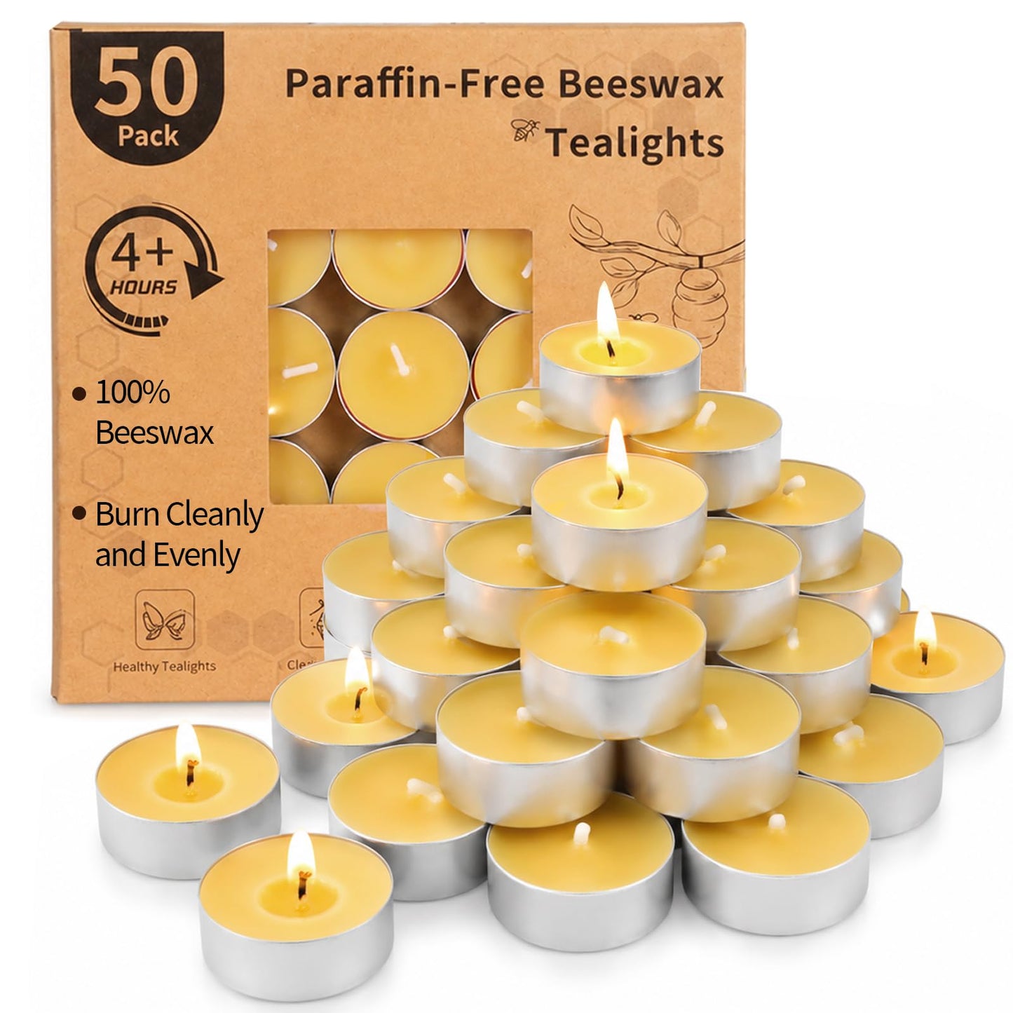 50 Packs Beeswax Tealight Candles, Pure Beeswax Candles Tea Lights Candle, Natural Organic Tealights Unscented Smokeless Clean Burning with 4 Hour Burn Time