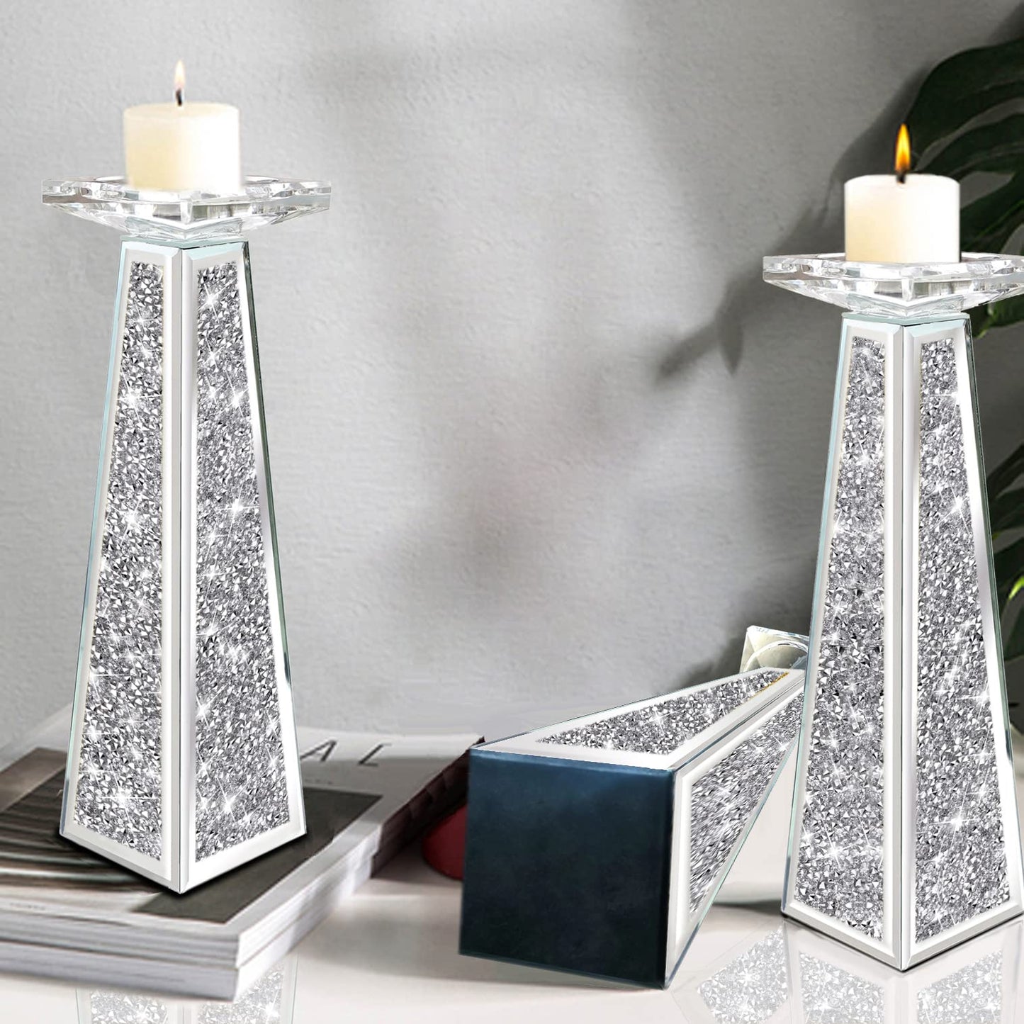 Wocred 2 Piece Candlestick Holders for Holding Pillar Candles, Crystal Crushed Diamond Candle Holders Set Decor for Dinning Room, Silver Glass Votive Candle Holders for Table Centerpiece(12”)