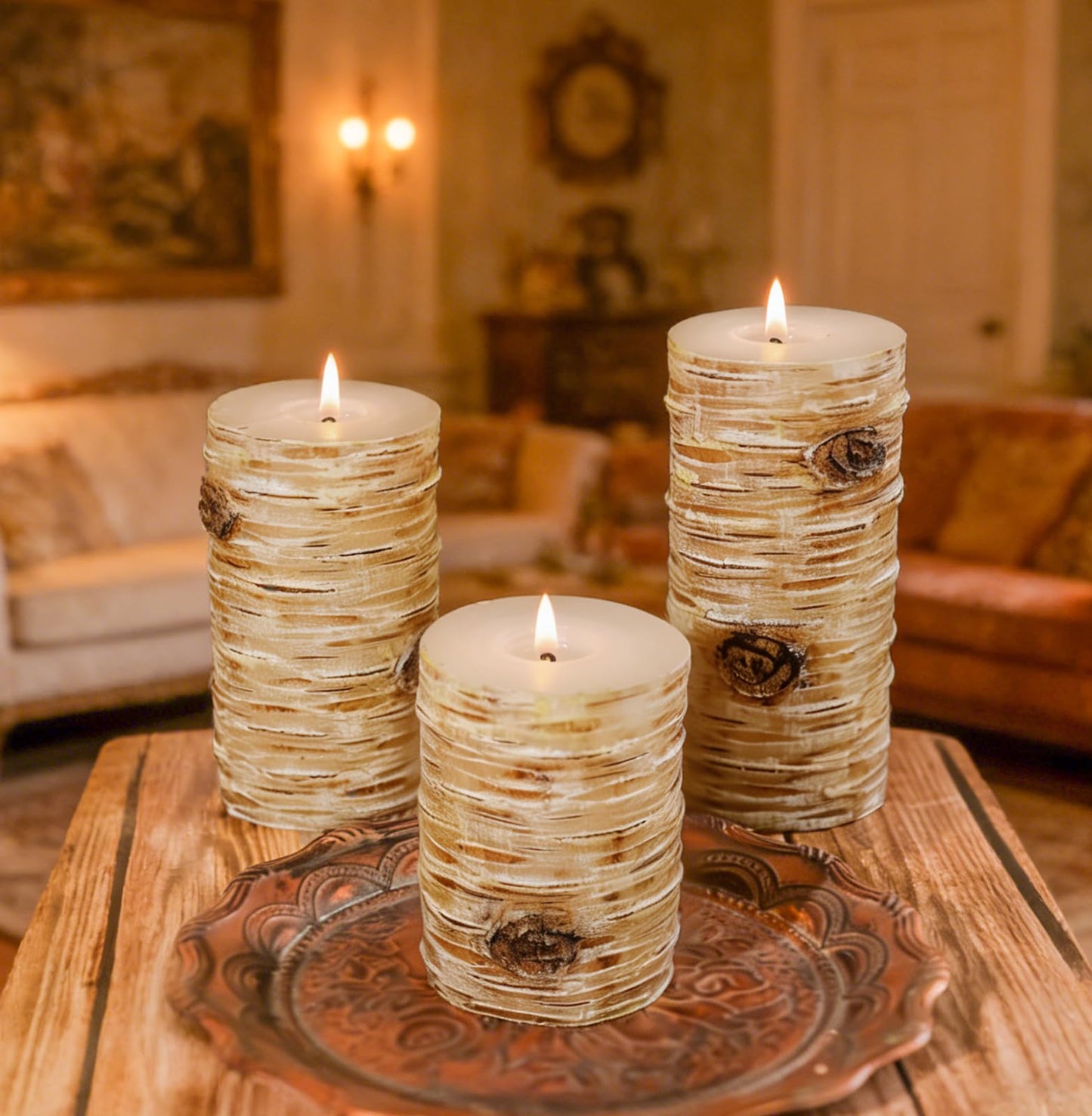 Birch Bark Texture Pillar Candles Set - Real Wax 3 Sizes (4", 5", 6" Tall) Rustic Decor Fireplace Candles, Unscented Woodland Style Pillar Candle for Modern Farmhouse, Dining Table, Holiday Decor