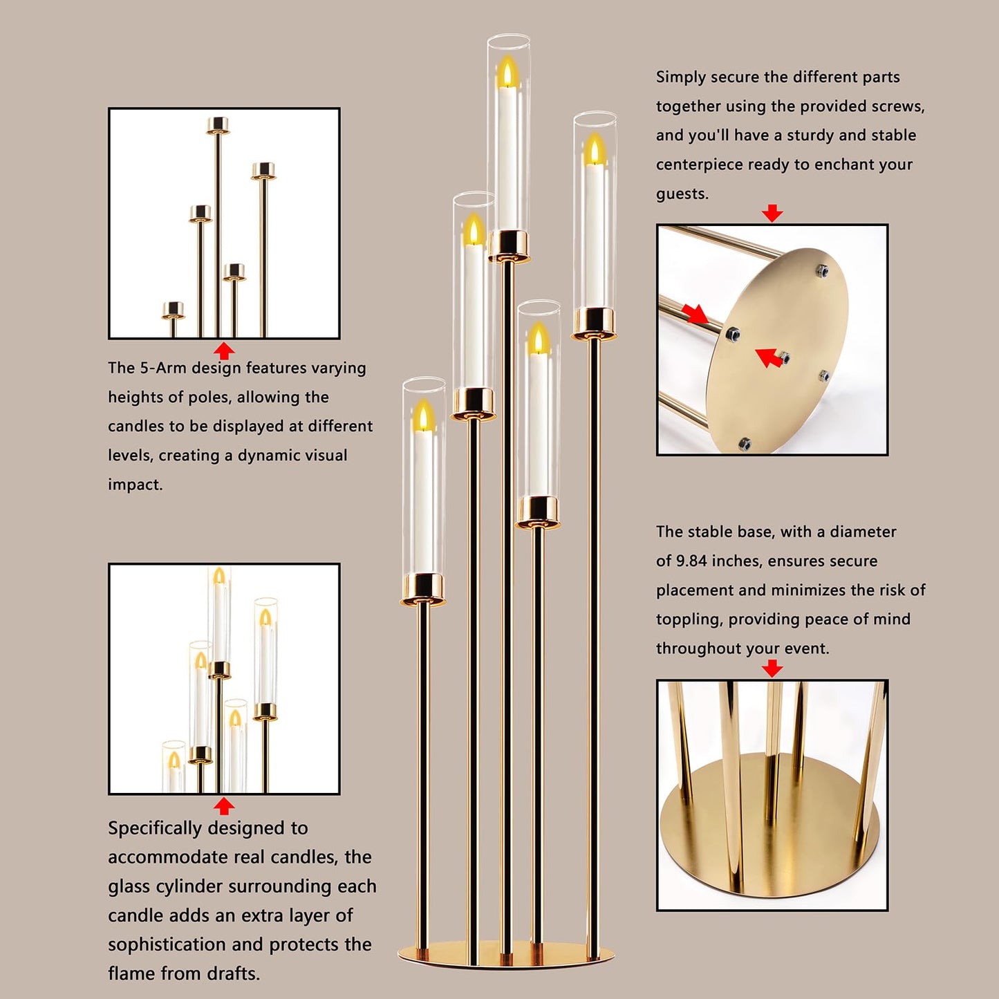 Gold 5-Arm Metal Cluster Taper Candelabra Candle Holders Includes Led Candles & Remote Control, Votive Pillar Candle Holders, Round Wedding Candelabra with Acrylic Shade (1, Gold, 41.3'' x 9.84'')